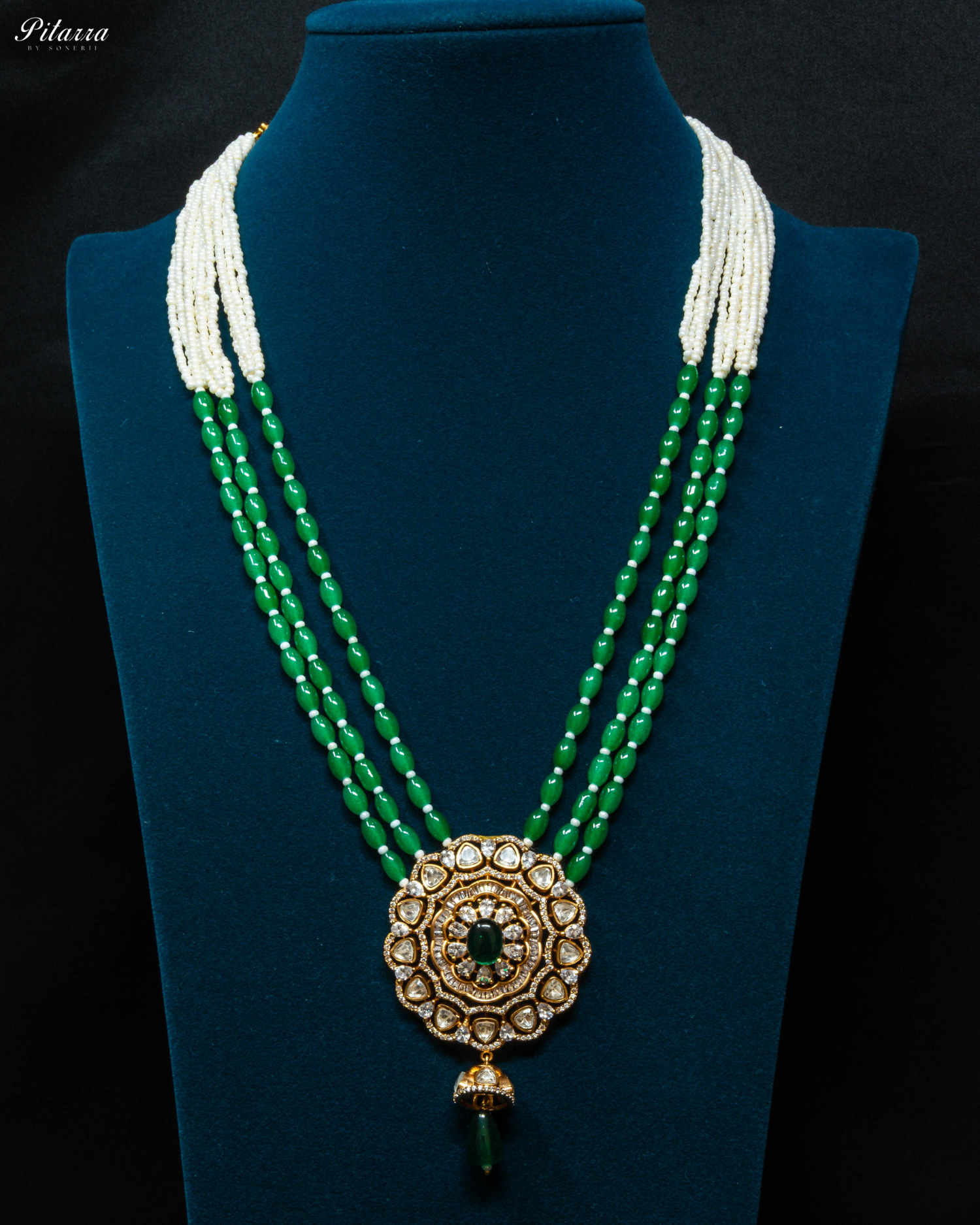Green Multi Layered Beads Long Kundan Necklace_Front Image