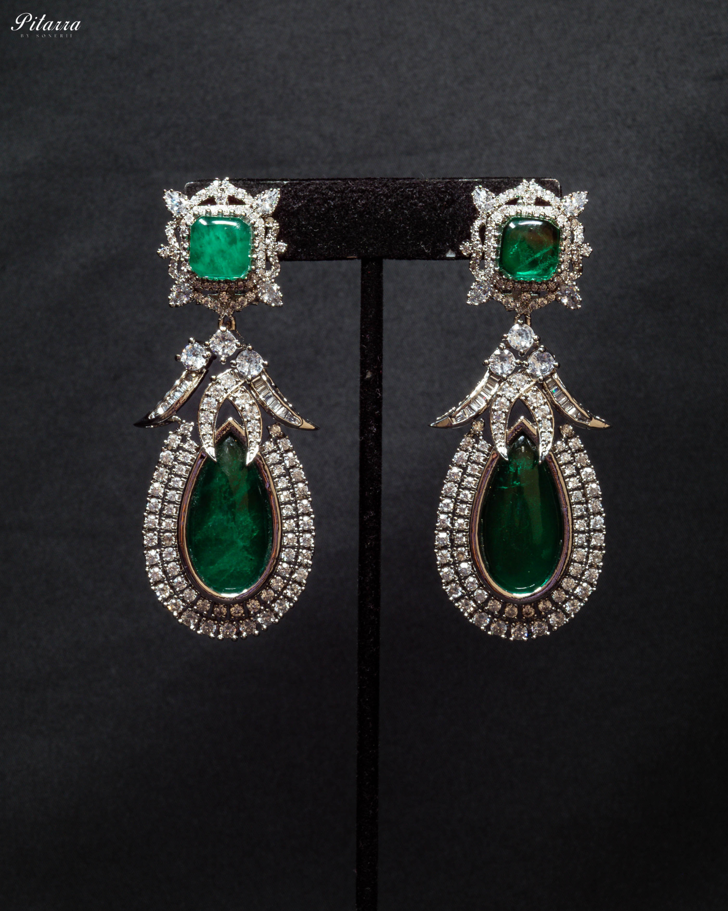 Green Statement Silver CZ Necklace Set_Earrings
