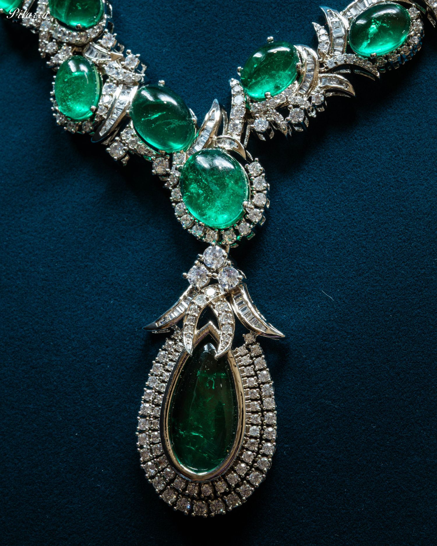 Green Statement Silver CZ Necklace Set_Zoom Angle