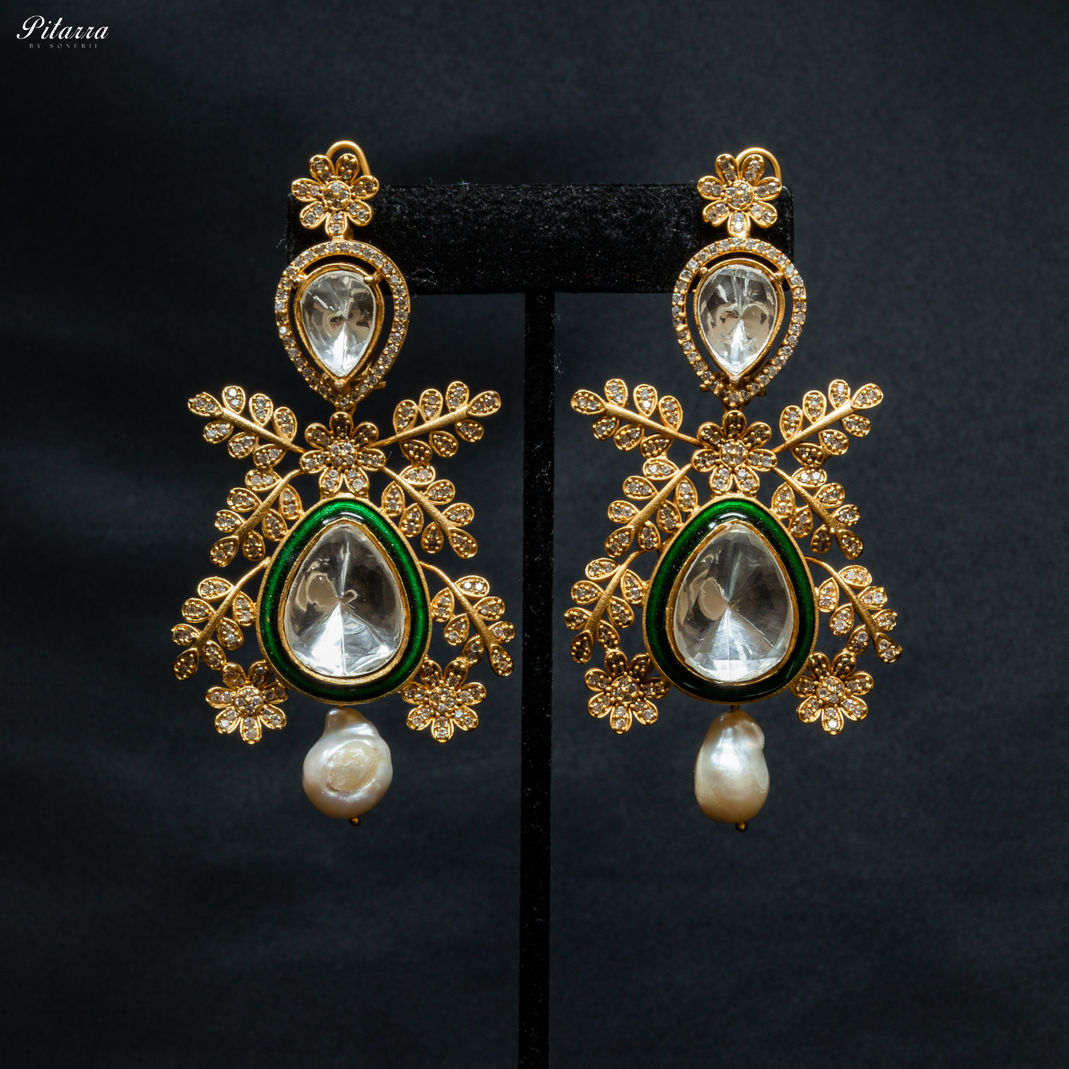 Green Stone Antique Gold Rajwadi Haar Set_Earrings