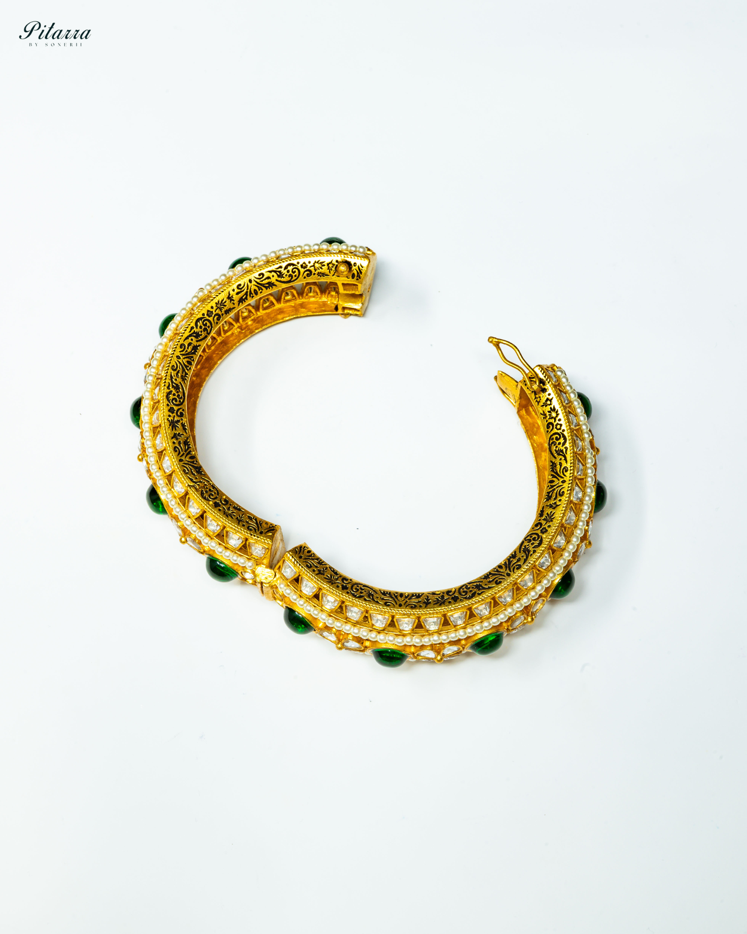 Green Stone Golden Moissanite Polki Kada_Open Image