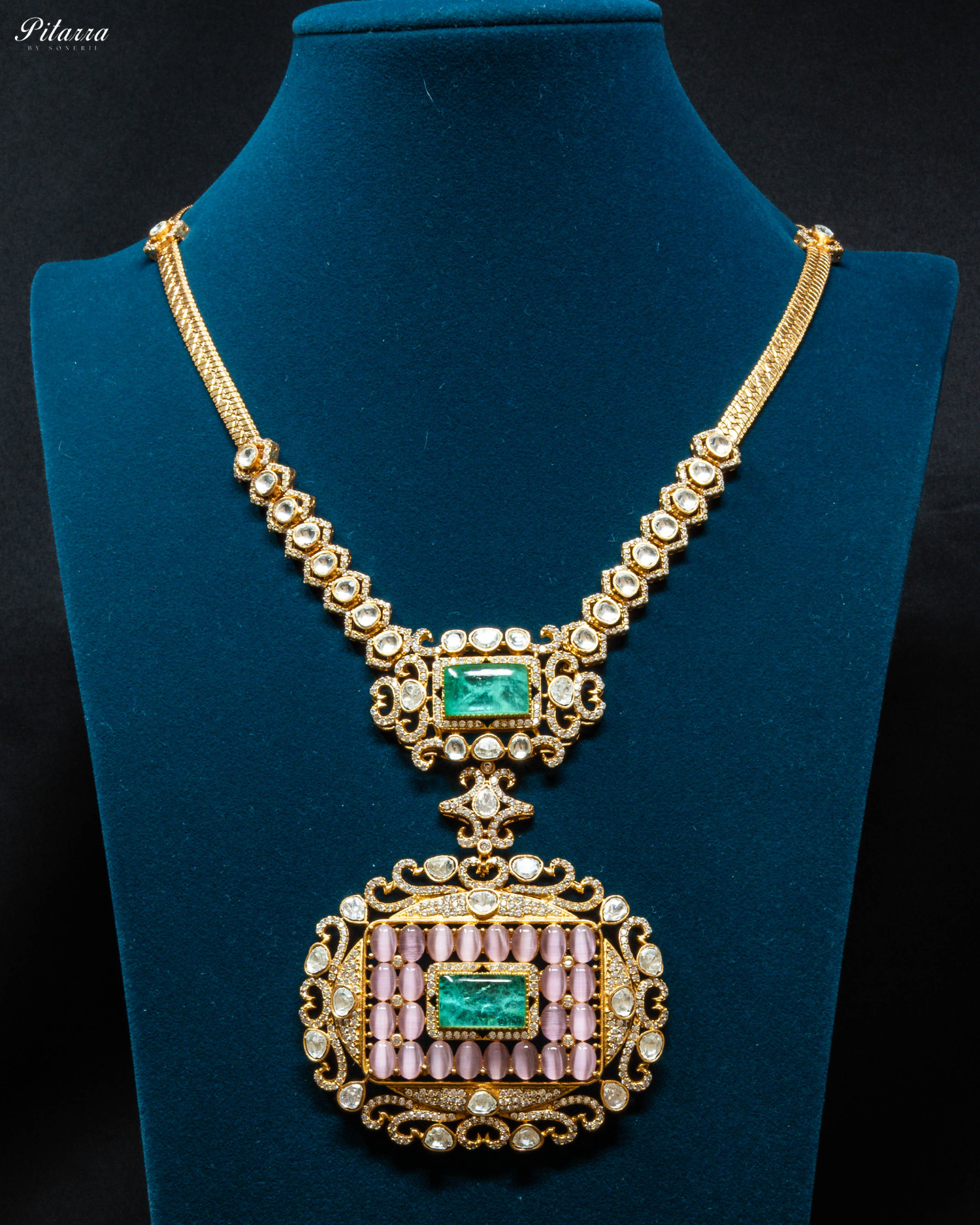 Green Stone Pink Beads Polki Kundan Necklace Set_Front Image