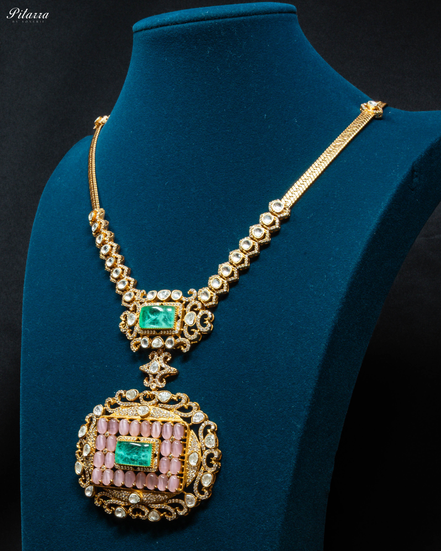 Green Stone Pink Beads Polki Kundan Necklace Set_Side Angle