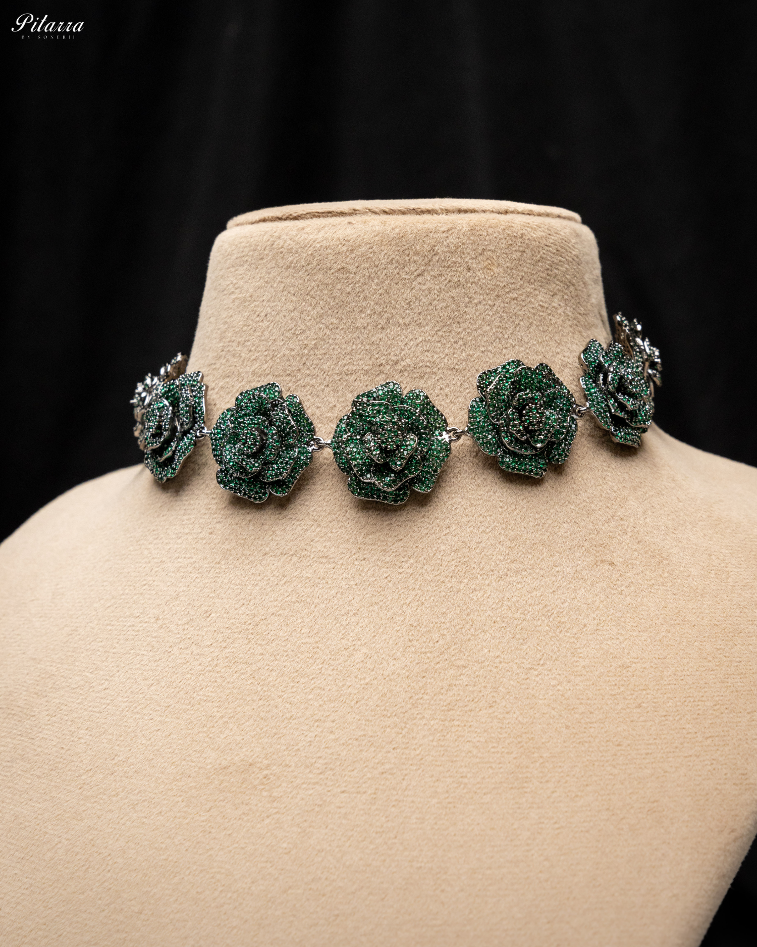 Green Tone Flower CZ Choker Set with Ring_Necklace Side Image