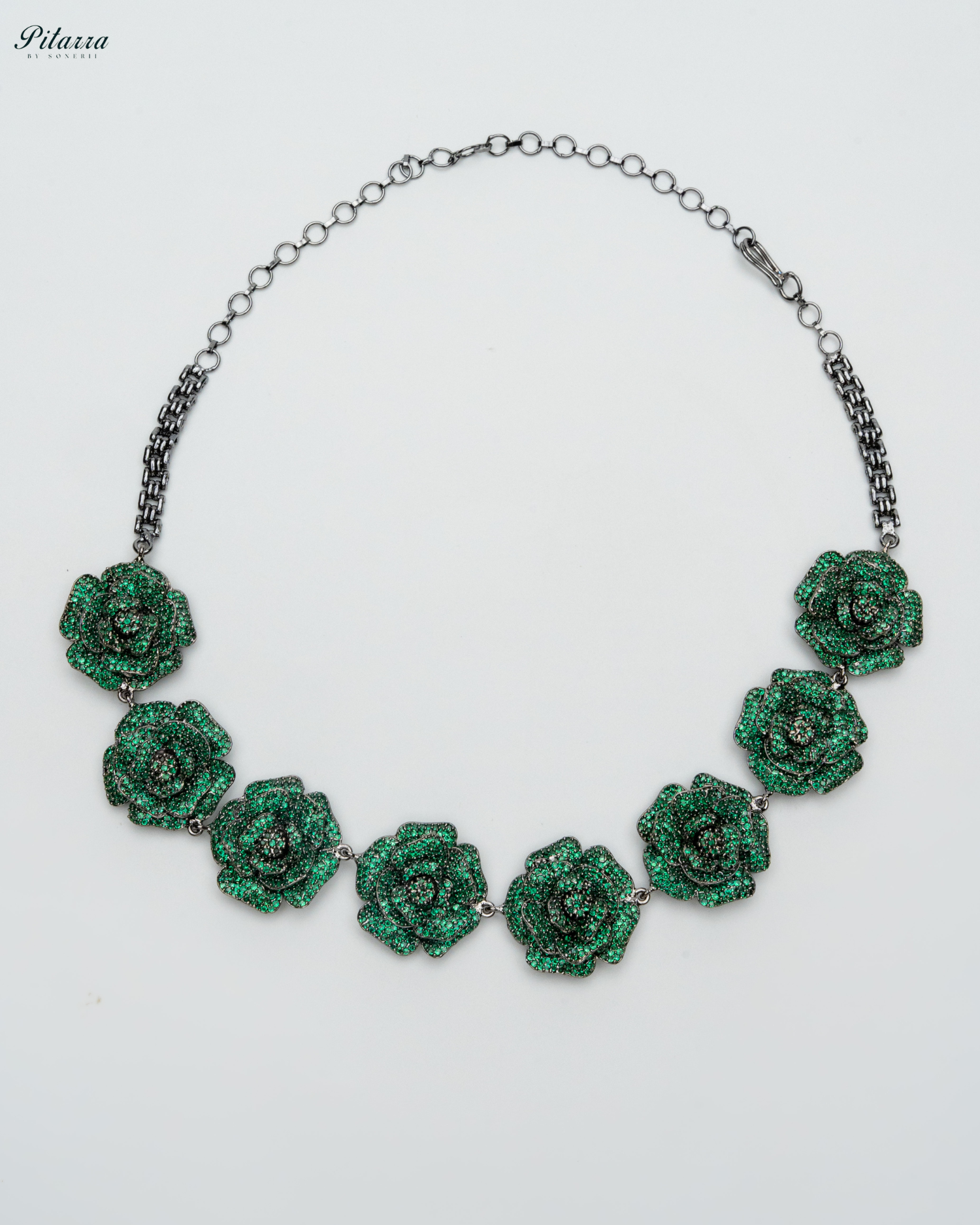 Green Tone Flower CZ Choker Set with Ring_White Background Necklace