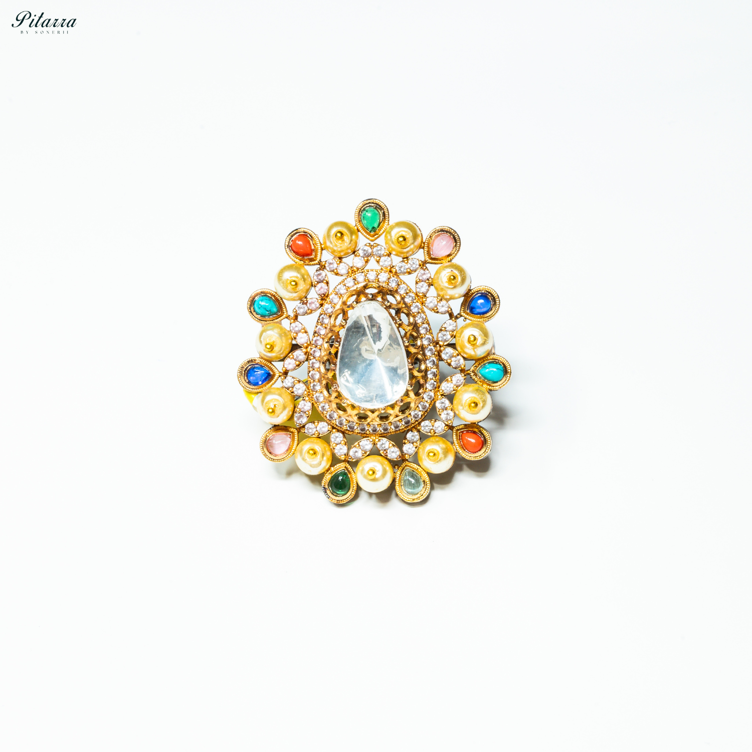 Grey Crystal Golden Kundan Multi Colored Ring_White Background