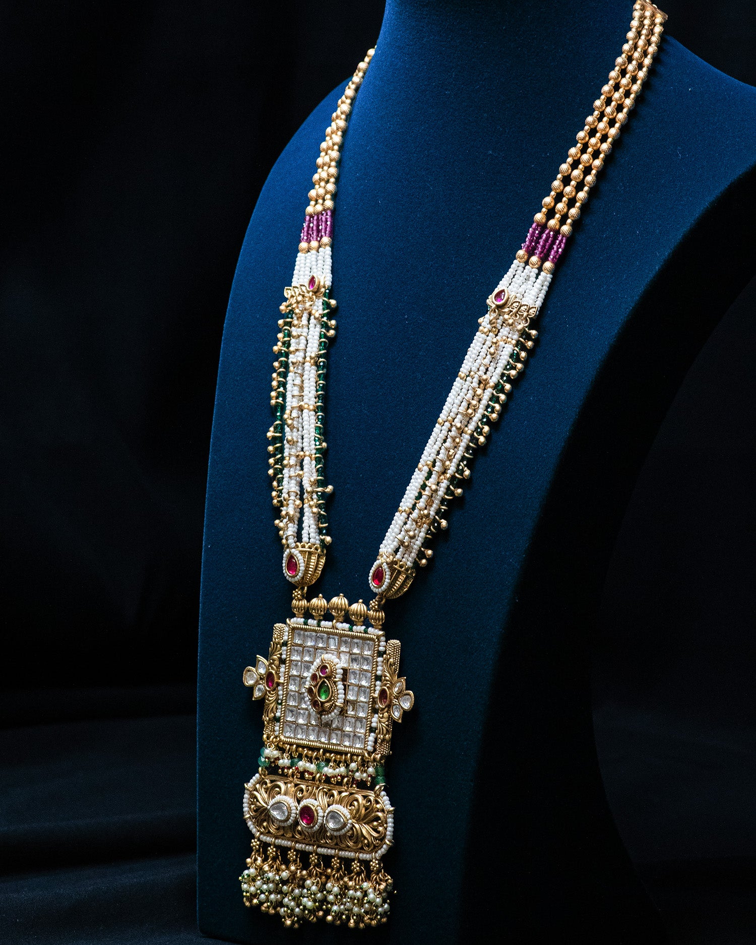 Golden Dual Stone Multi Strand Long Kundan Necklace Set