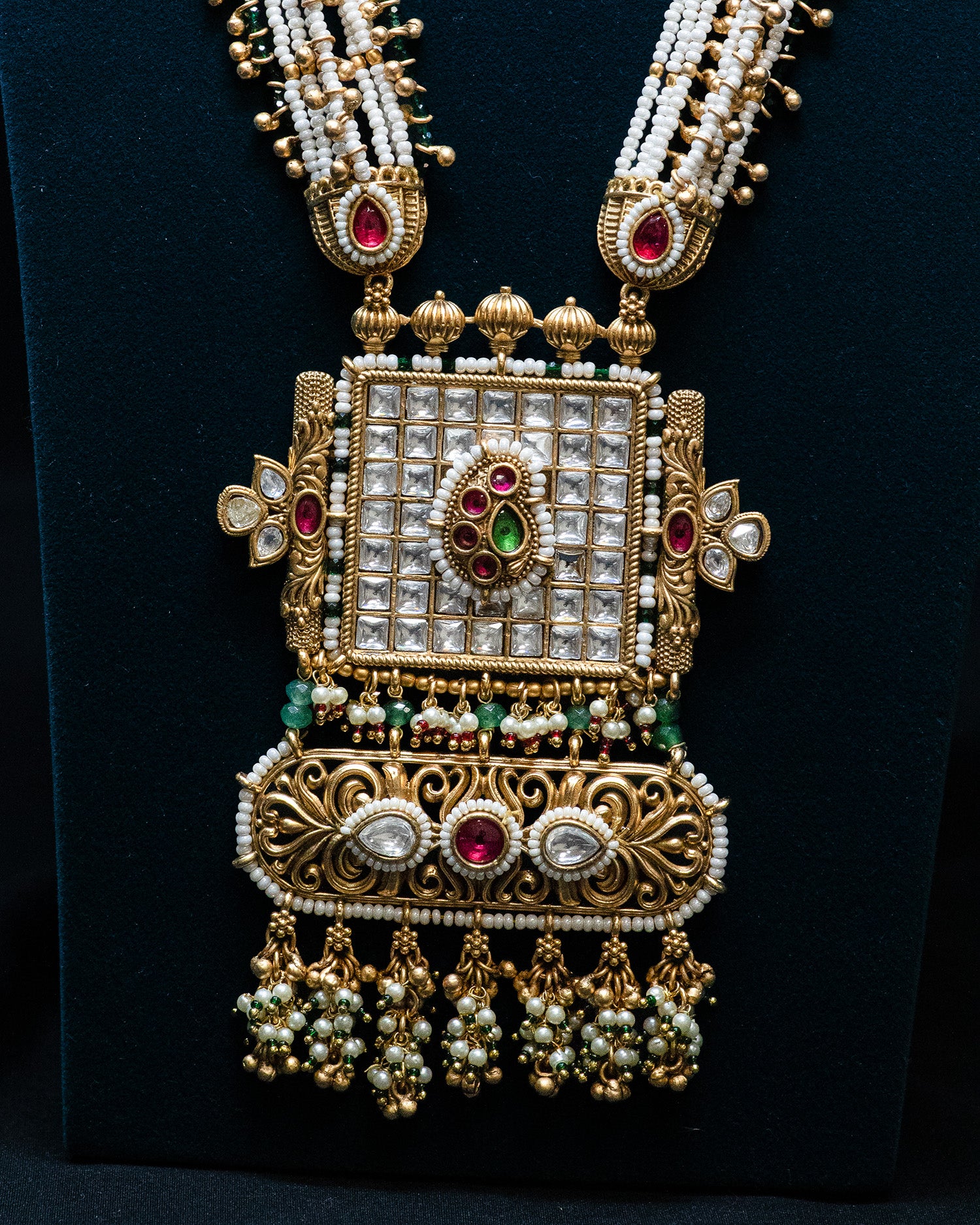 Golden Dual Stone Multi Strand Long Kundan Necklace Set