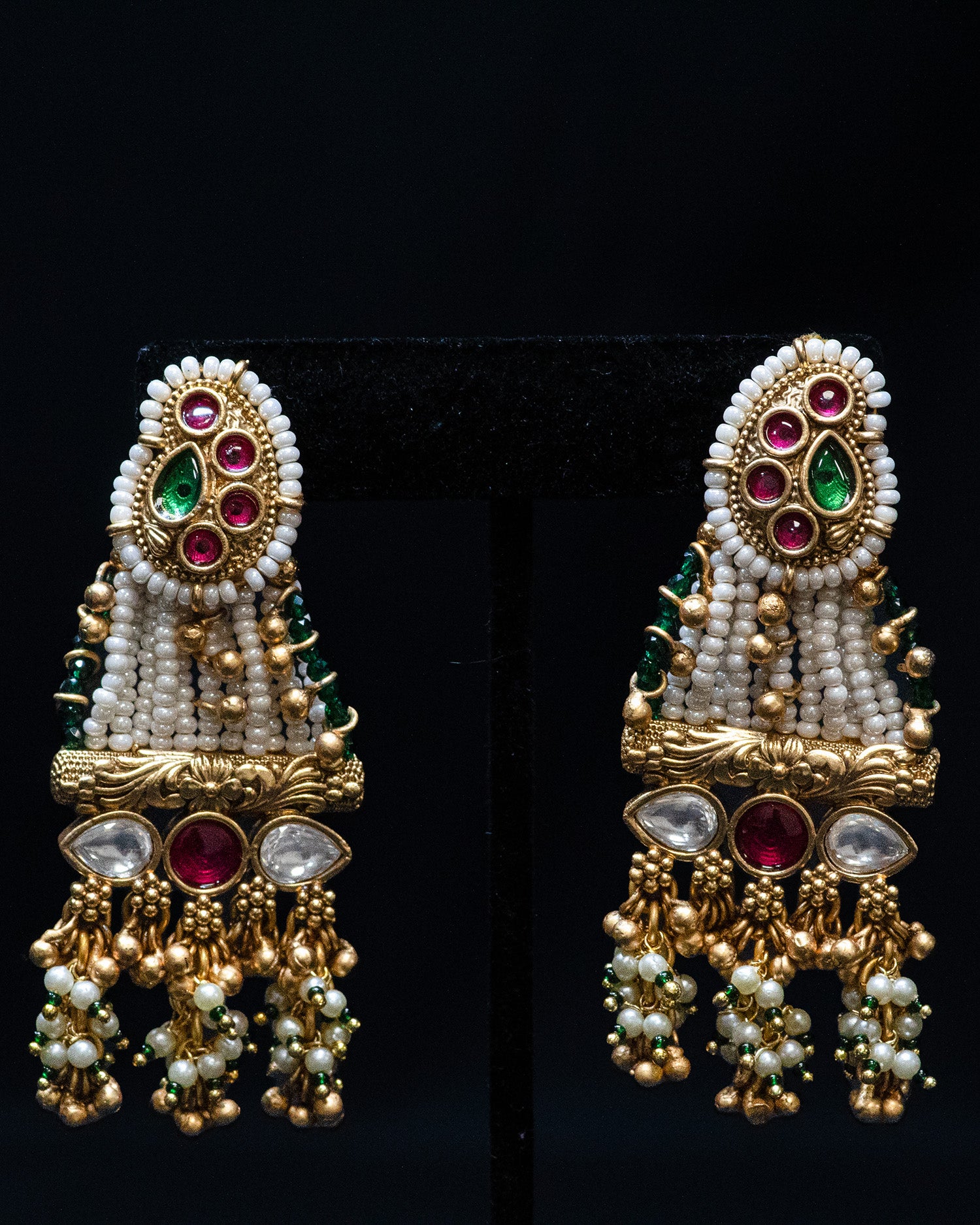 Golden Dual Stone Multi Strand Long Kundan Necklace Set
