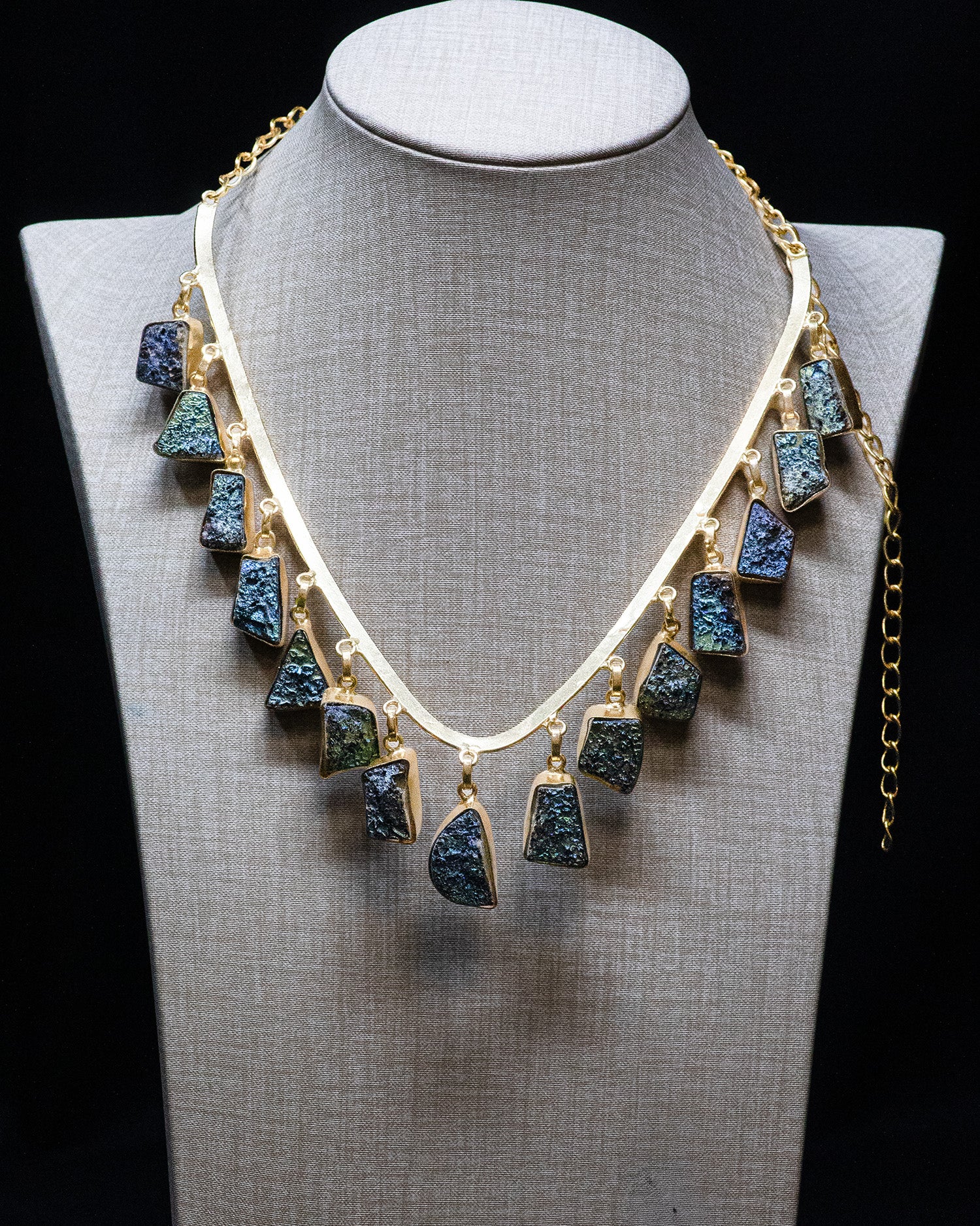 Gold Finish Navy Blue Raw Stone Statement Necklace
