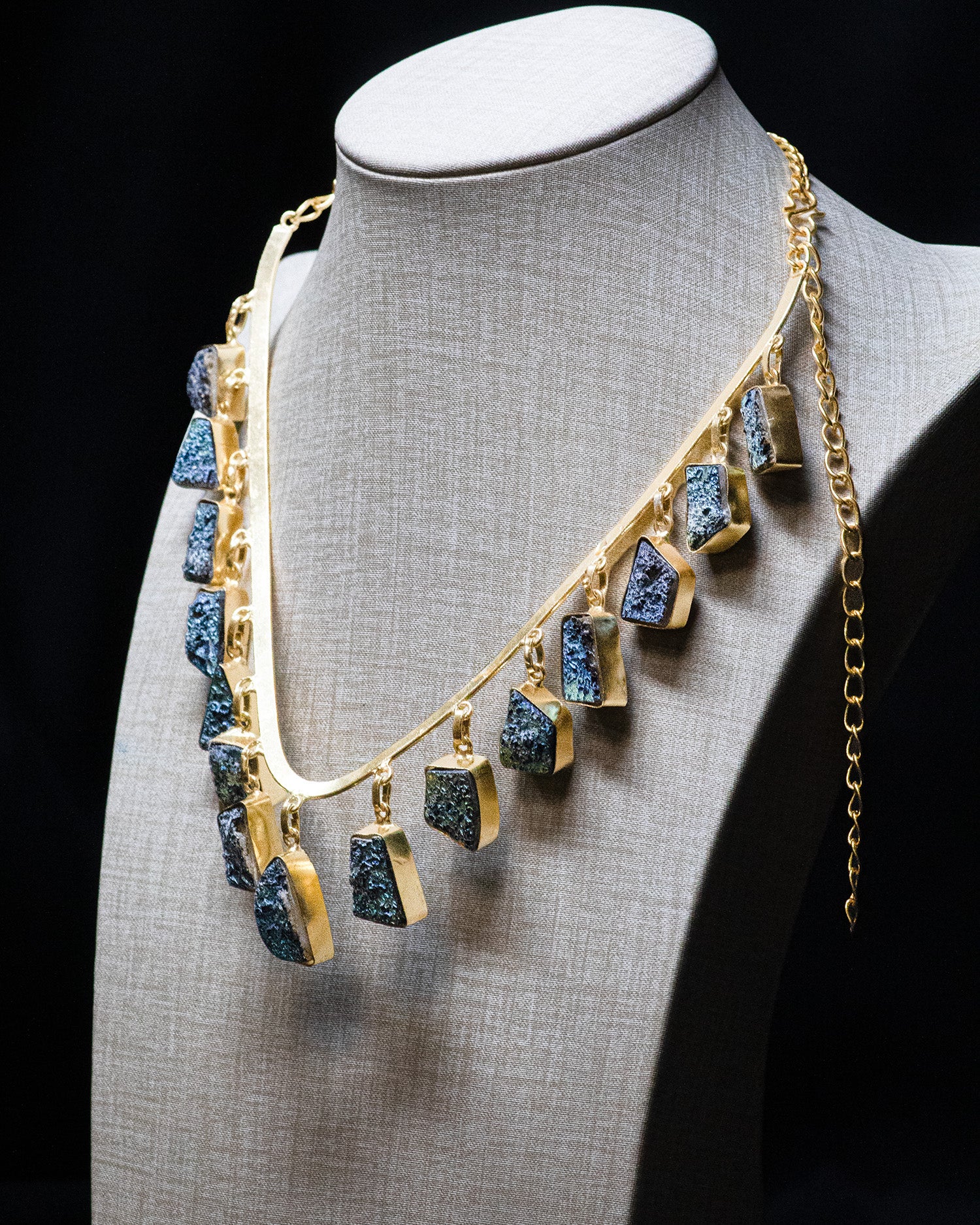 Gold Finish Navy Blue Raw Stone Statement Necklace