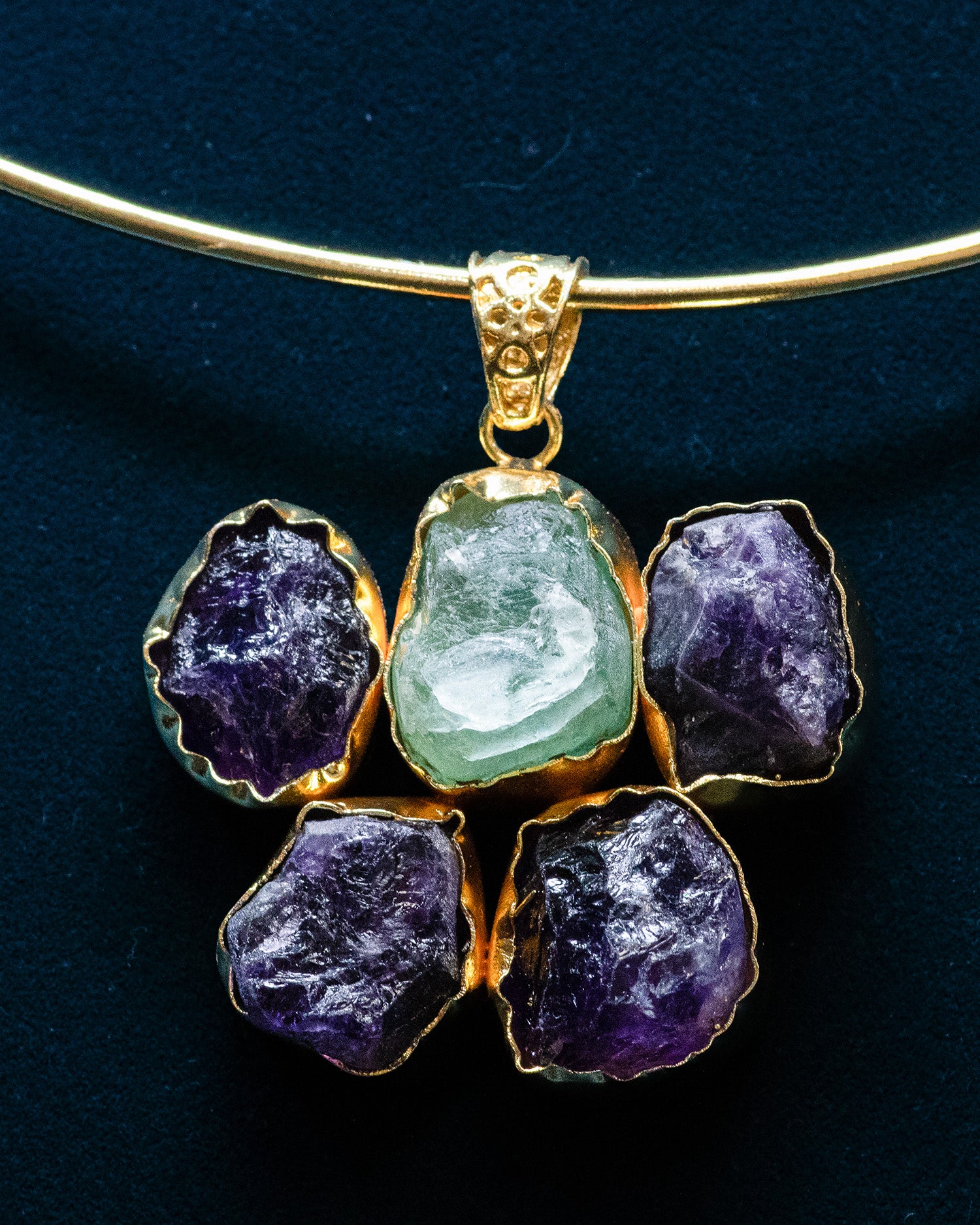 Gold Plated Aqua Raw Stone Collar Pendant Set