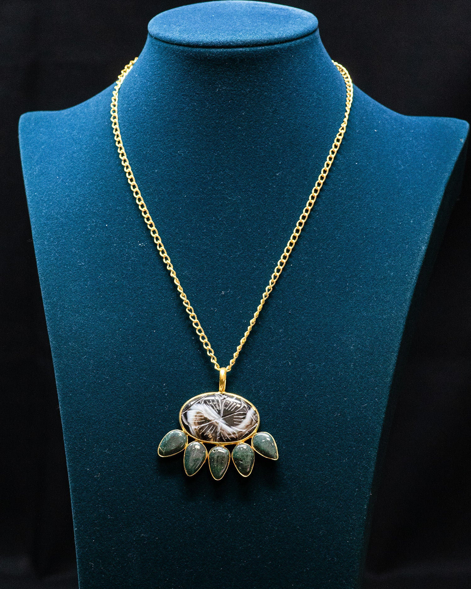 Flower Carved Grey Raw Stone Green Drop Pendant