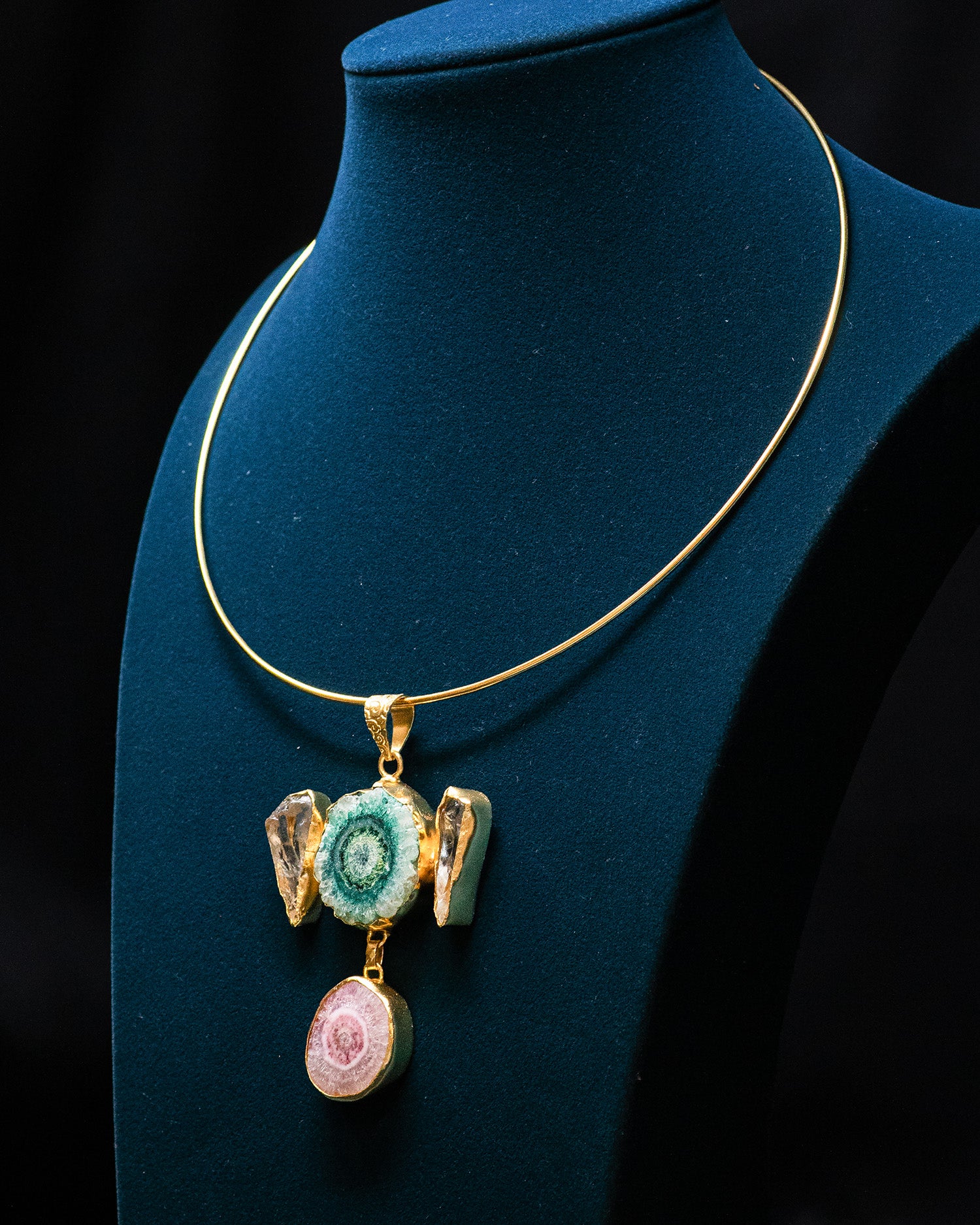 Gold Plated Blue and Purple Circular Raw Stone Pendant