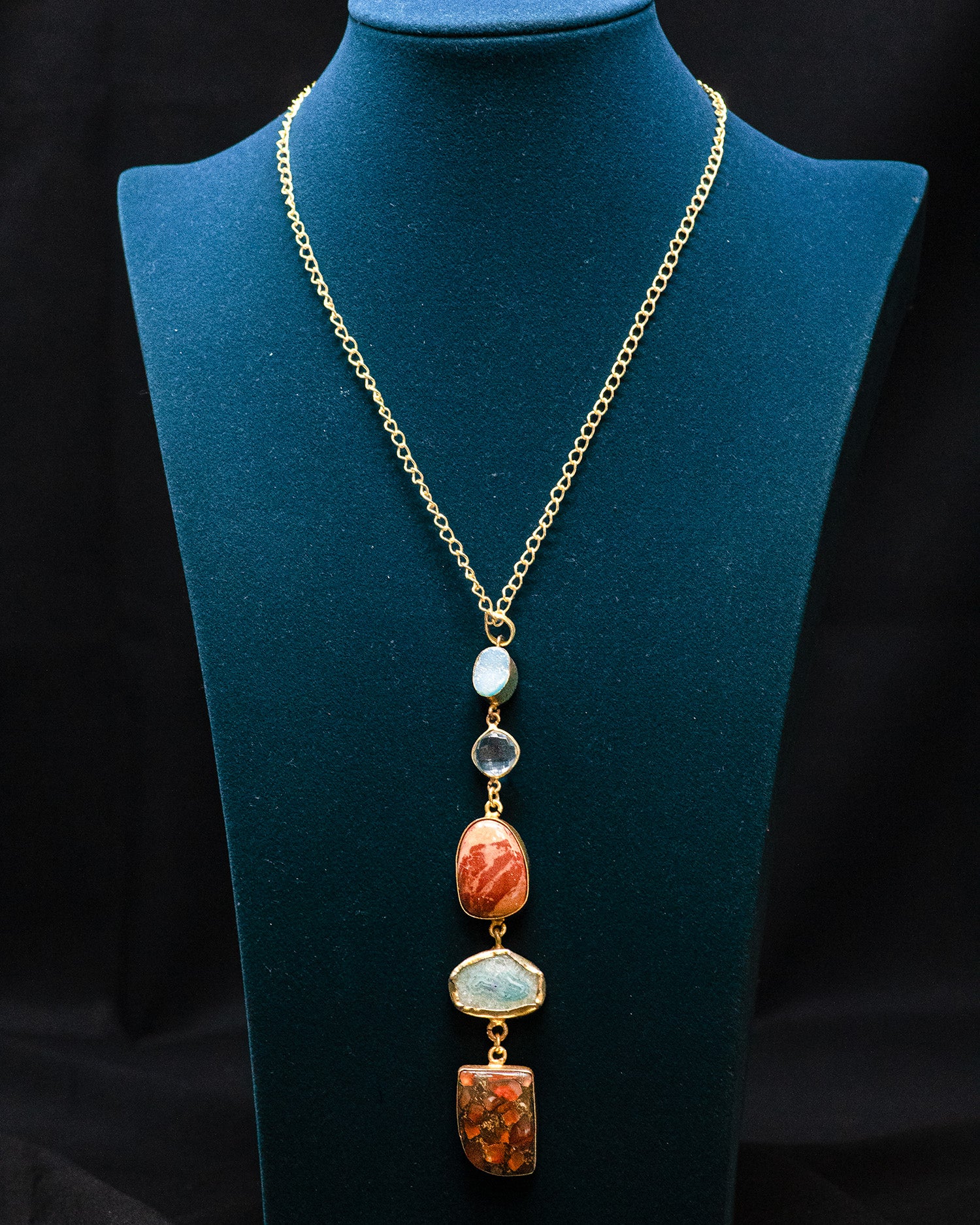 Red Blue Textured Circle Five Raw Stone Long Pendant