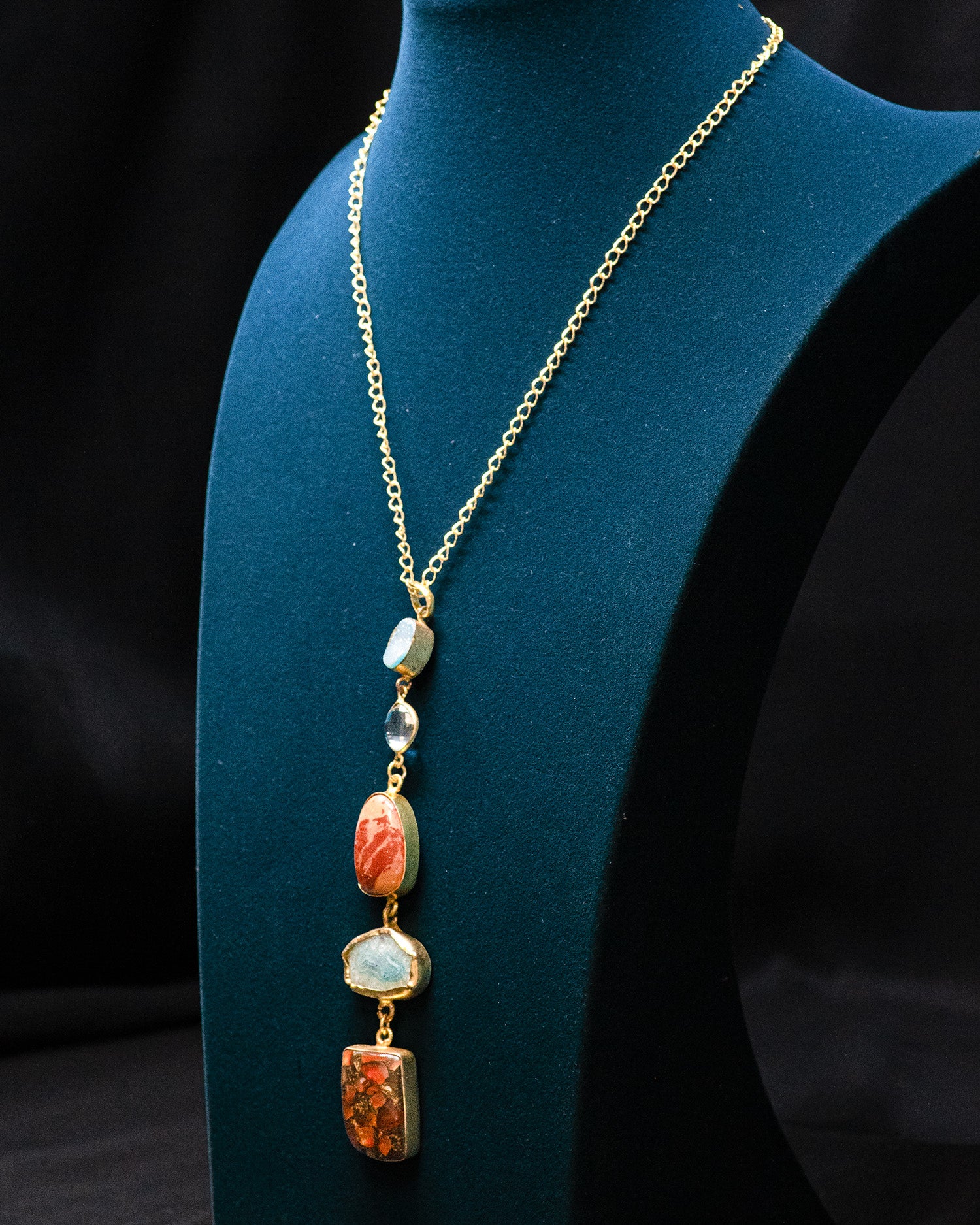 Red Blue Textured Circle Five Raw Stone Long Pendant