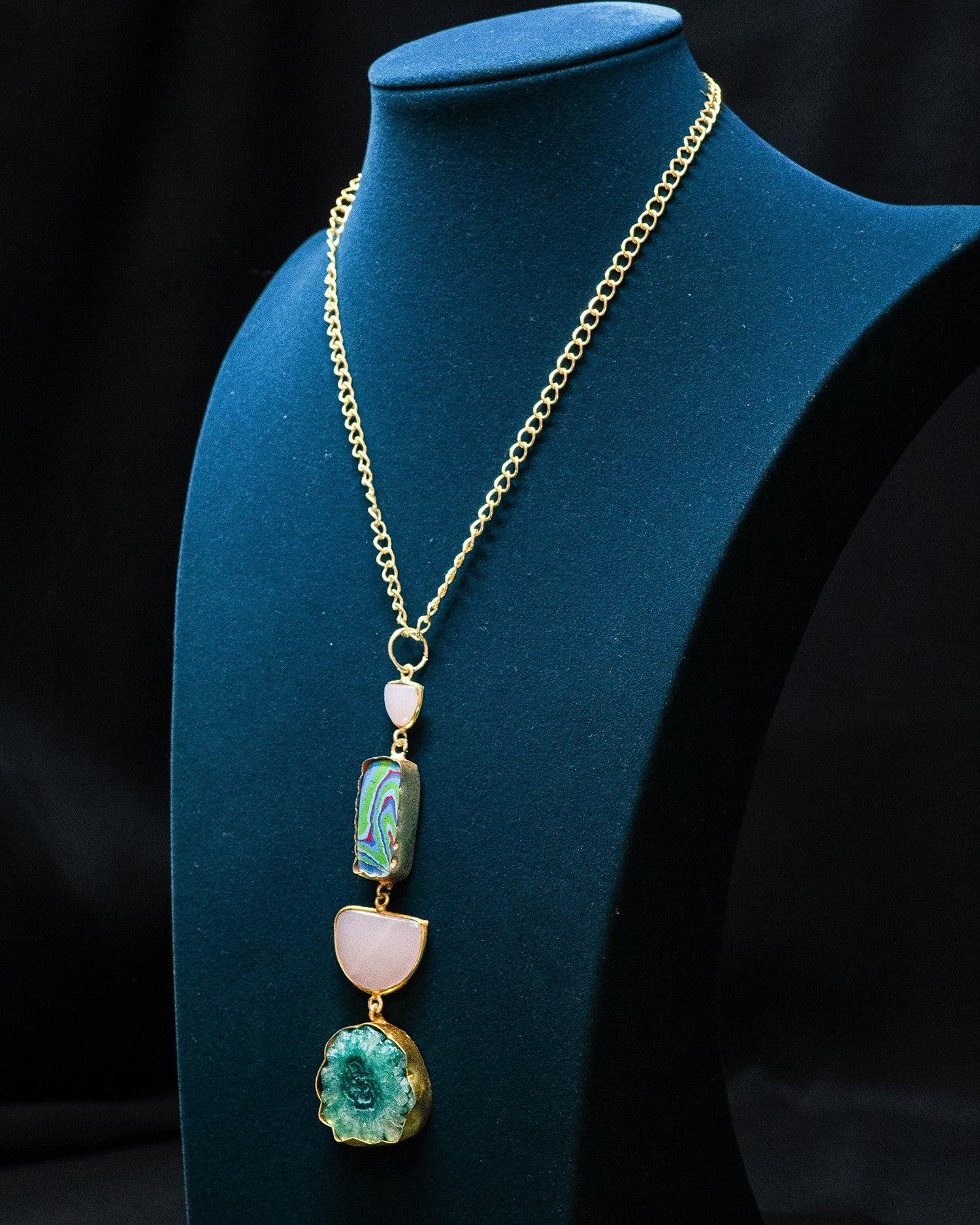 Purple Blue Textured Circle Four Raw Stone Long Pendant