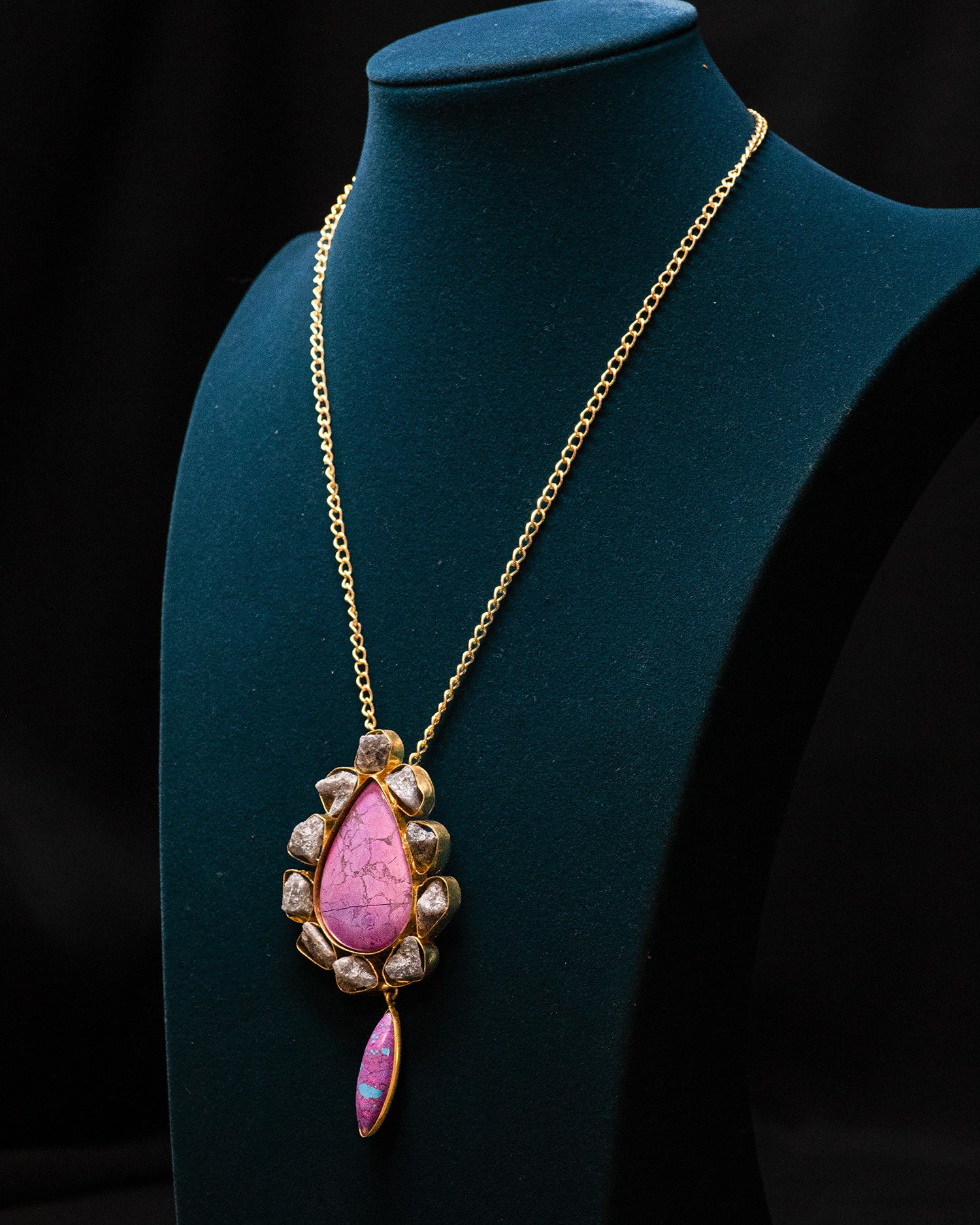Gold Finish Pear Shaped Purple Raw Stone Pendant