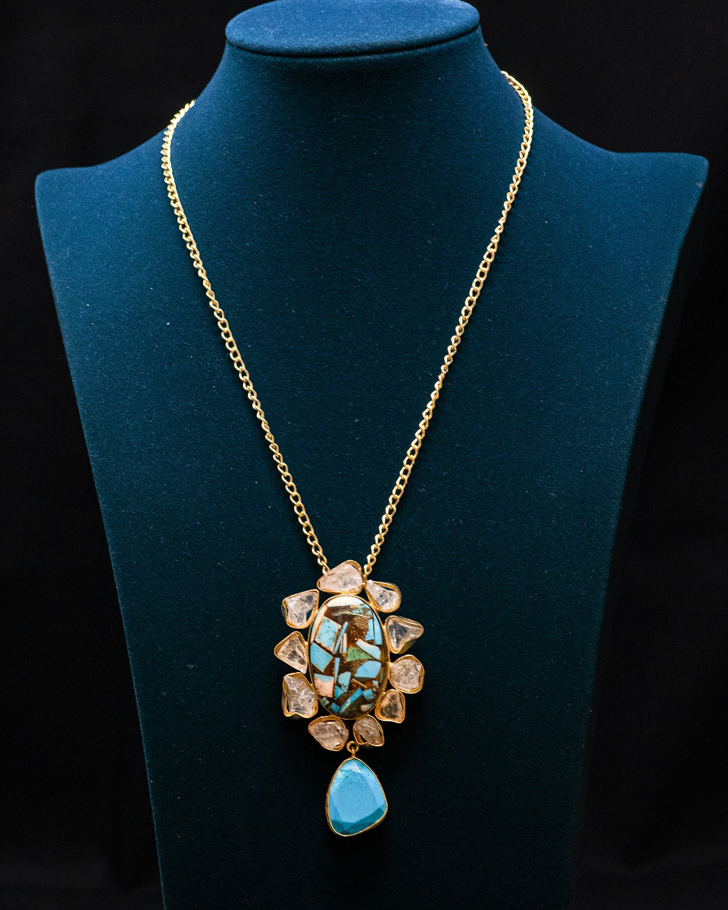 Turquoise Raw Stone White Crystals Pendant Necklace