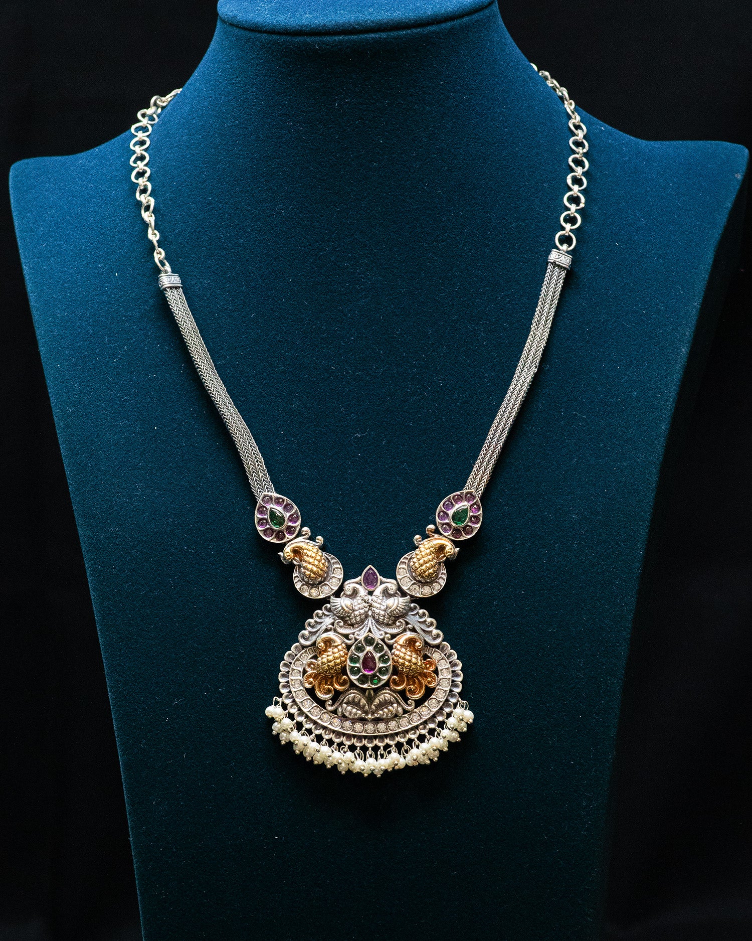 Peacock Carved white Stone White Layer Stone Silver Look Alike Pendant Set