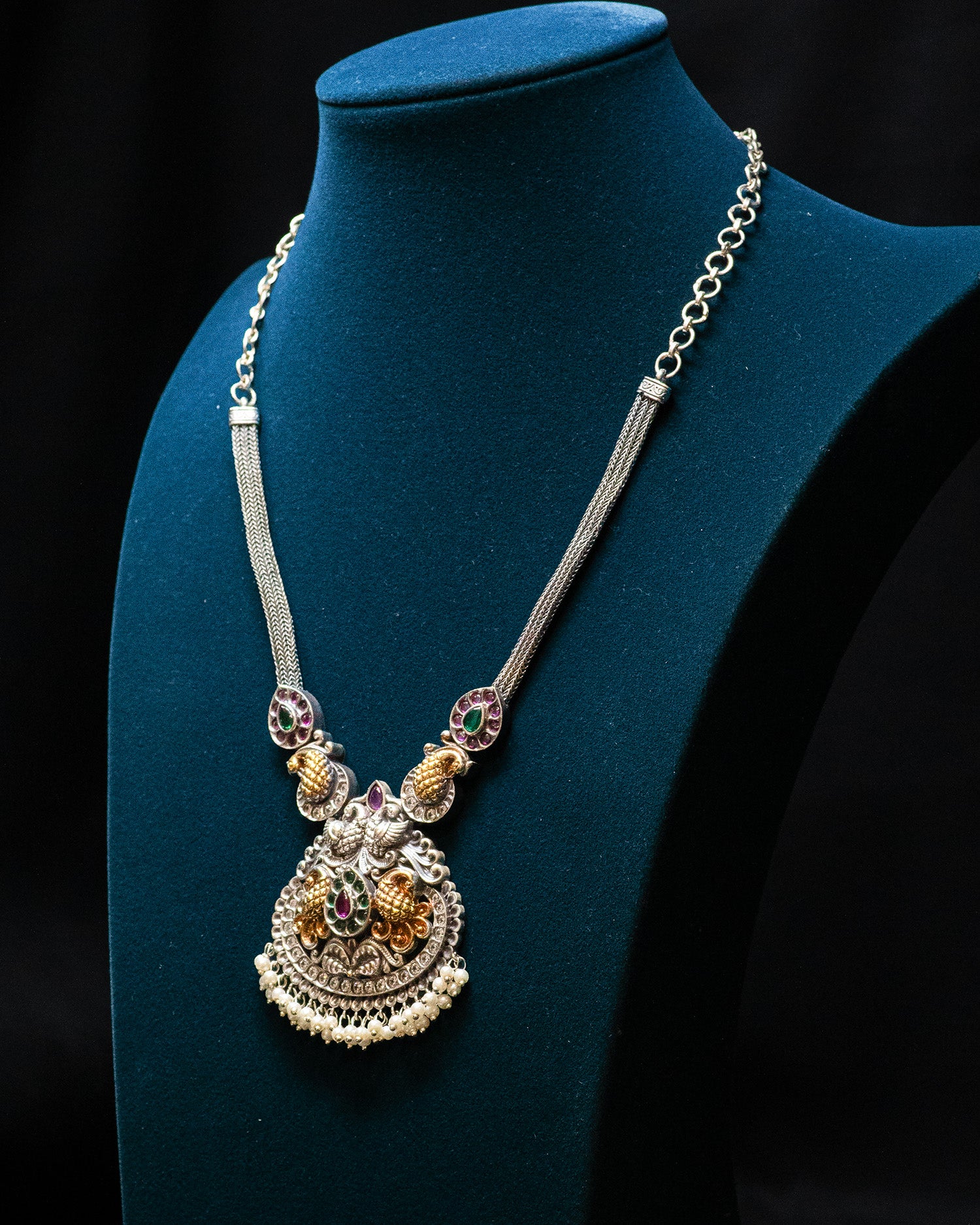 Peacock Carved white Stone White Layer Stone Silver Look Alike Pendant Set