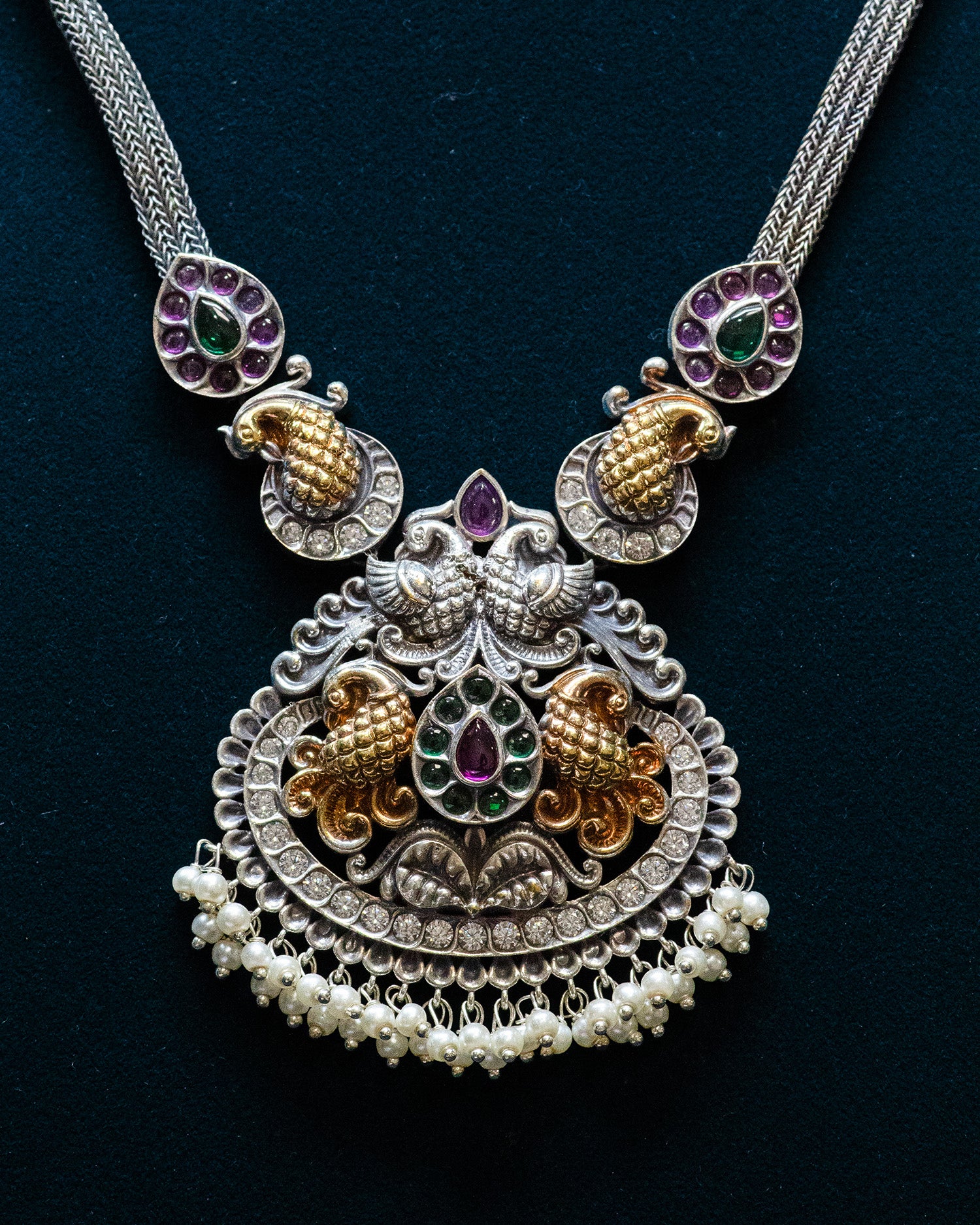 Peacock Carved white Stone White Layer Stone Silver Look Alike Pendant Set