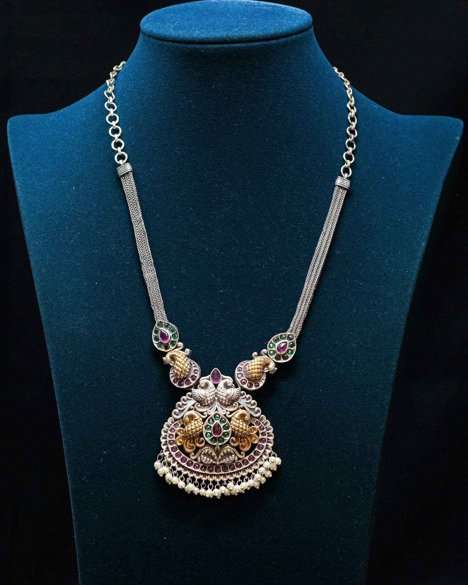 Peacock Carved Pink Stone Pink Layer Stone Silver Look Alike Pendant Set