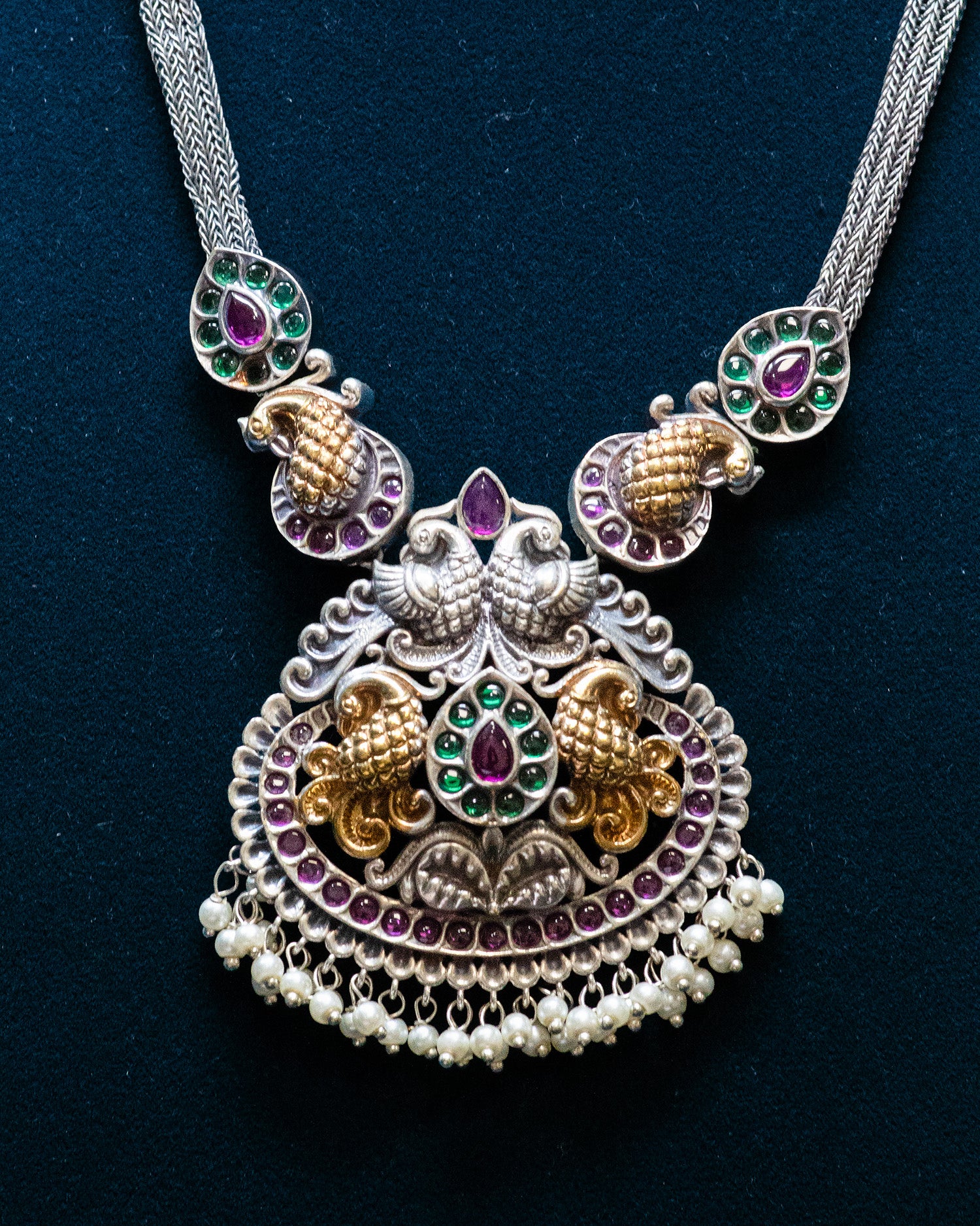 Peacock Carved Pink Stone Pink Layer Stone Silver Look Alike Pendant Set