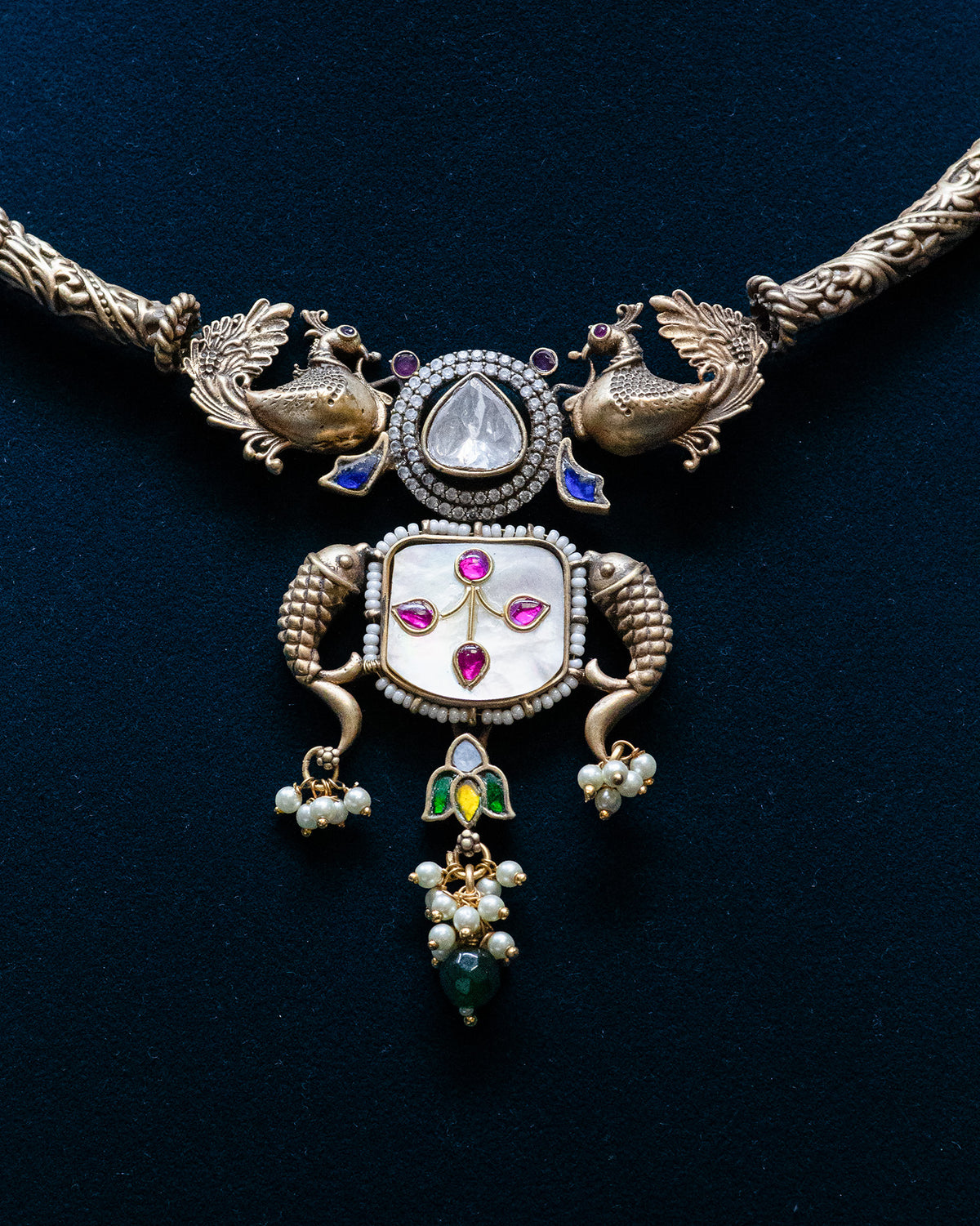 Dual Peacock White Stone Antique Designer Silver Look Alike Pendant Set