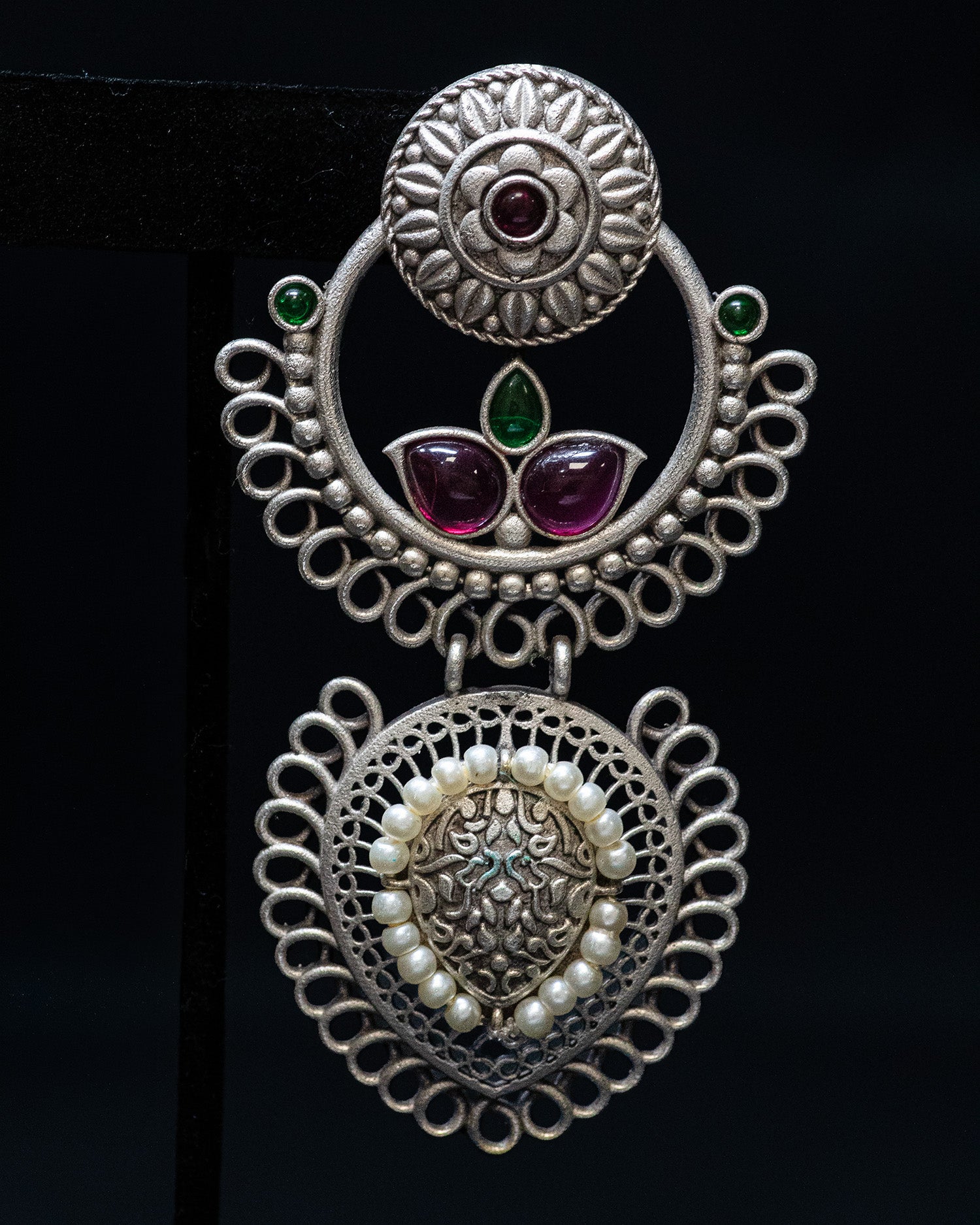 Green Pink Stone White Pearl Silver Look Alike Dangler Earrings