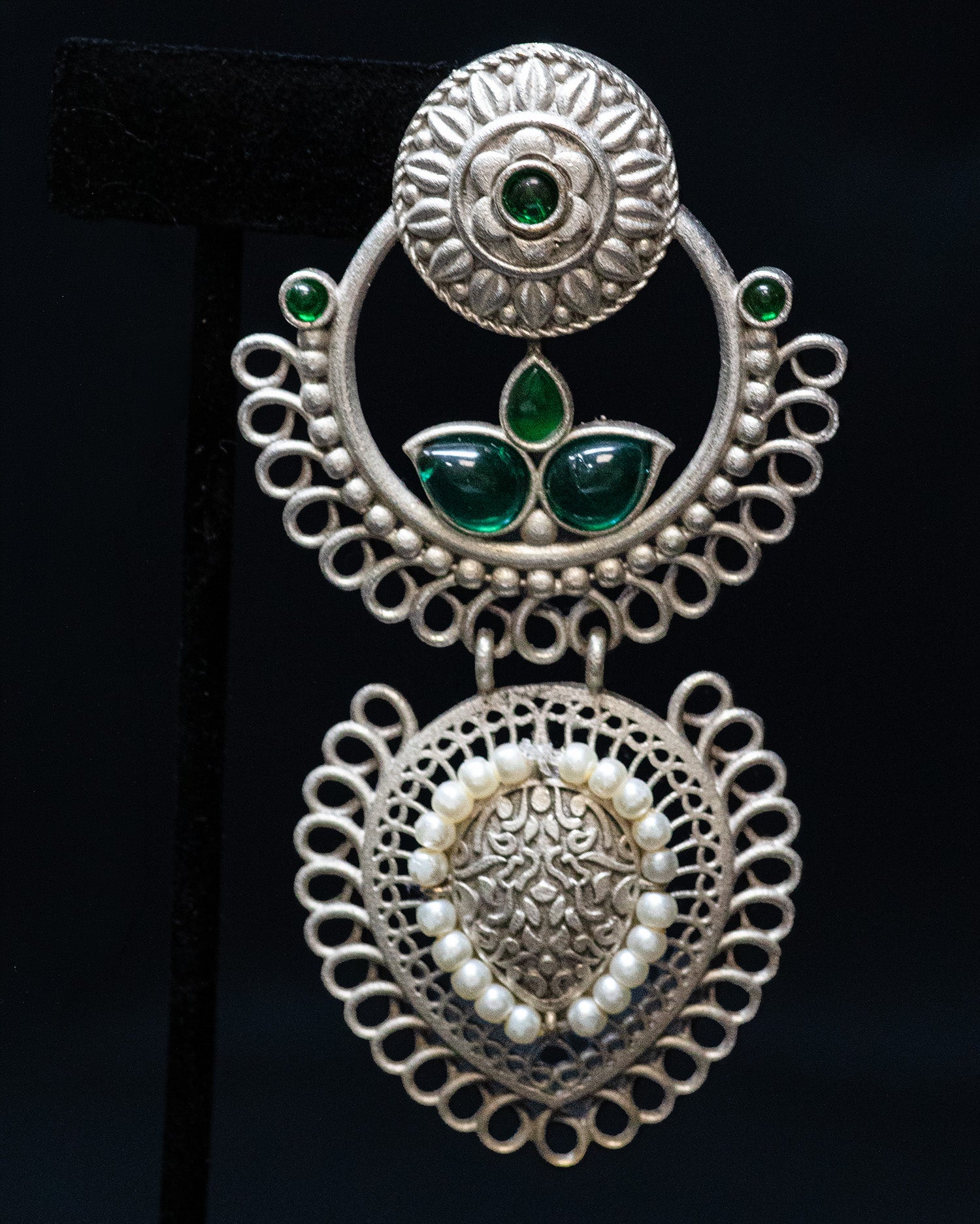 Dark Green Stone White Pearl Silver Look Alike Dangler Earrings