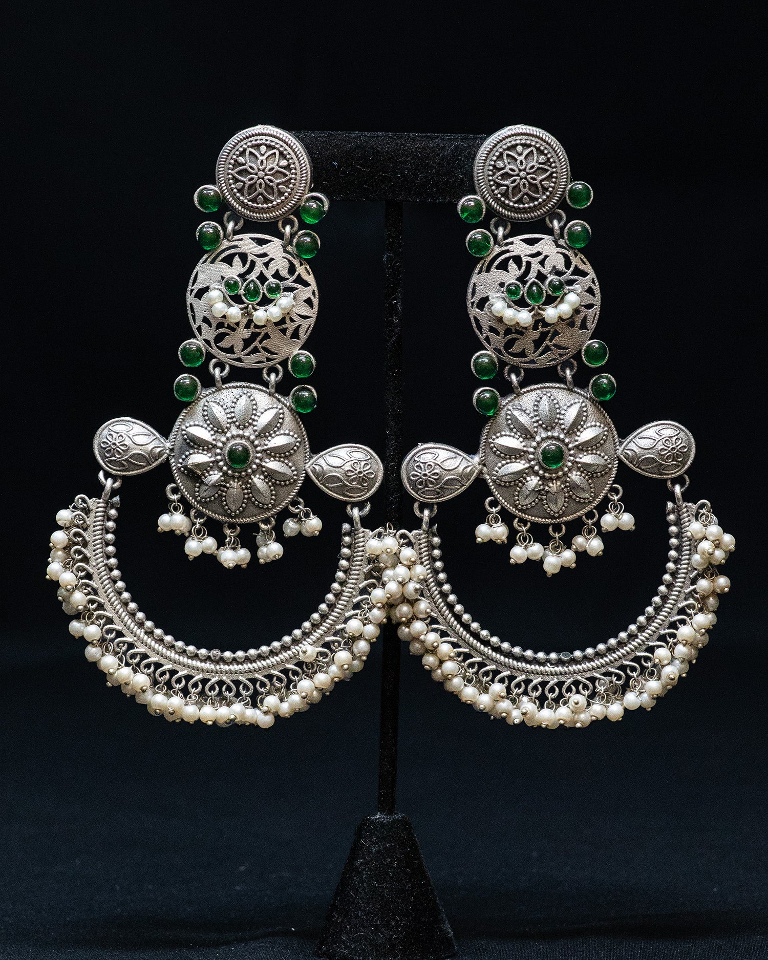 Dark Green Stone Flora Motif Silver Look Alike Dangler Earrings