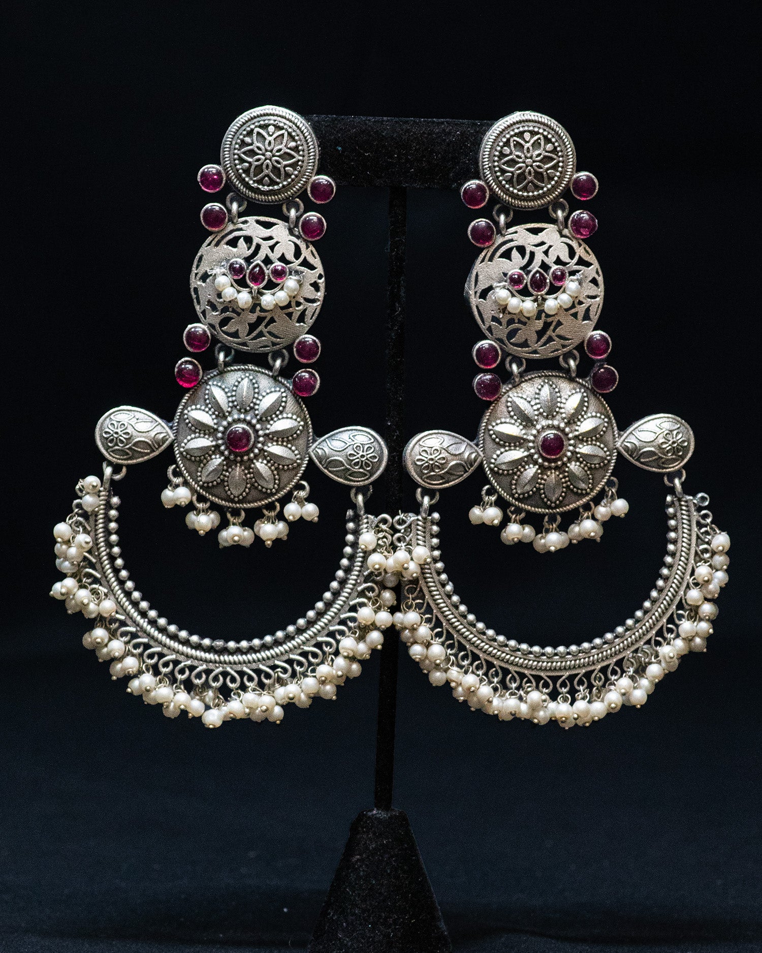Pink Stone Flora Motif Silver Look Alike Dangler Earrings