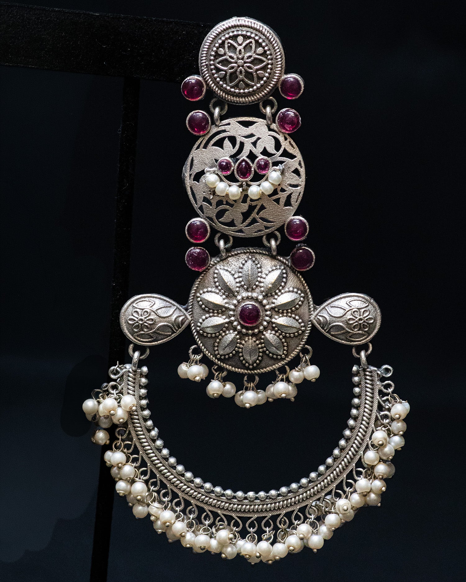 Pink Stone Flora Motif Silver Look Alike Dangler Earrings