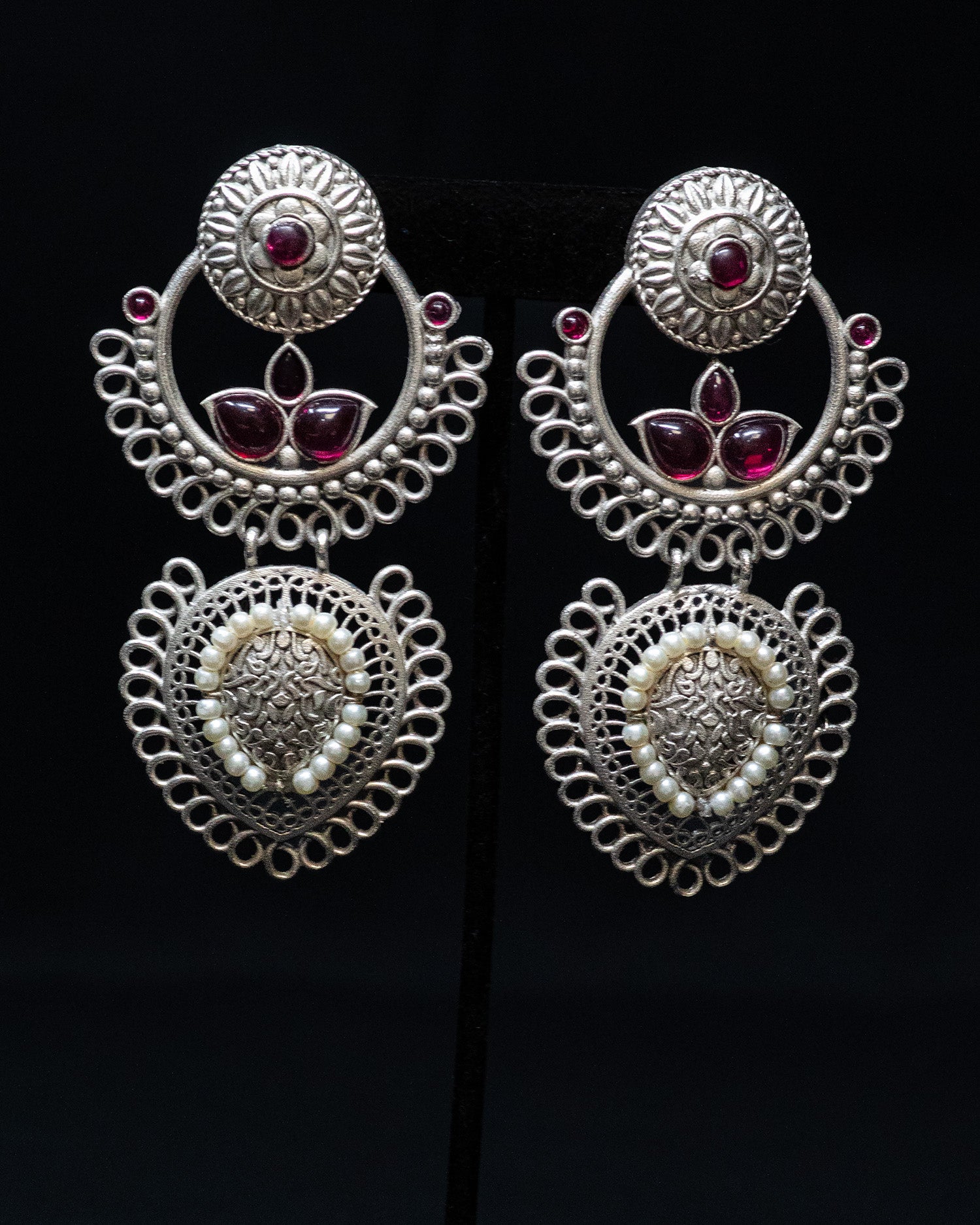 Pink Stone White Pearl Silver Look Alike Dangler Earrings