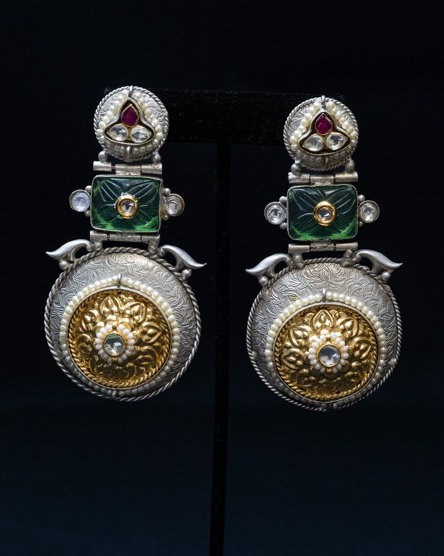 Green Square Stone Silver Look Alike Dangler Earrings
