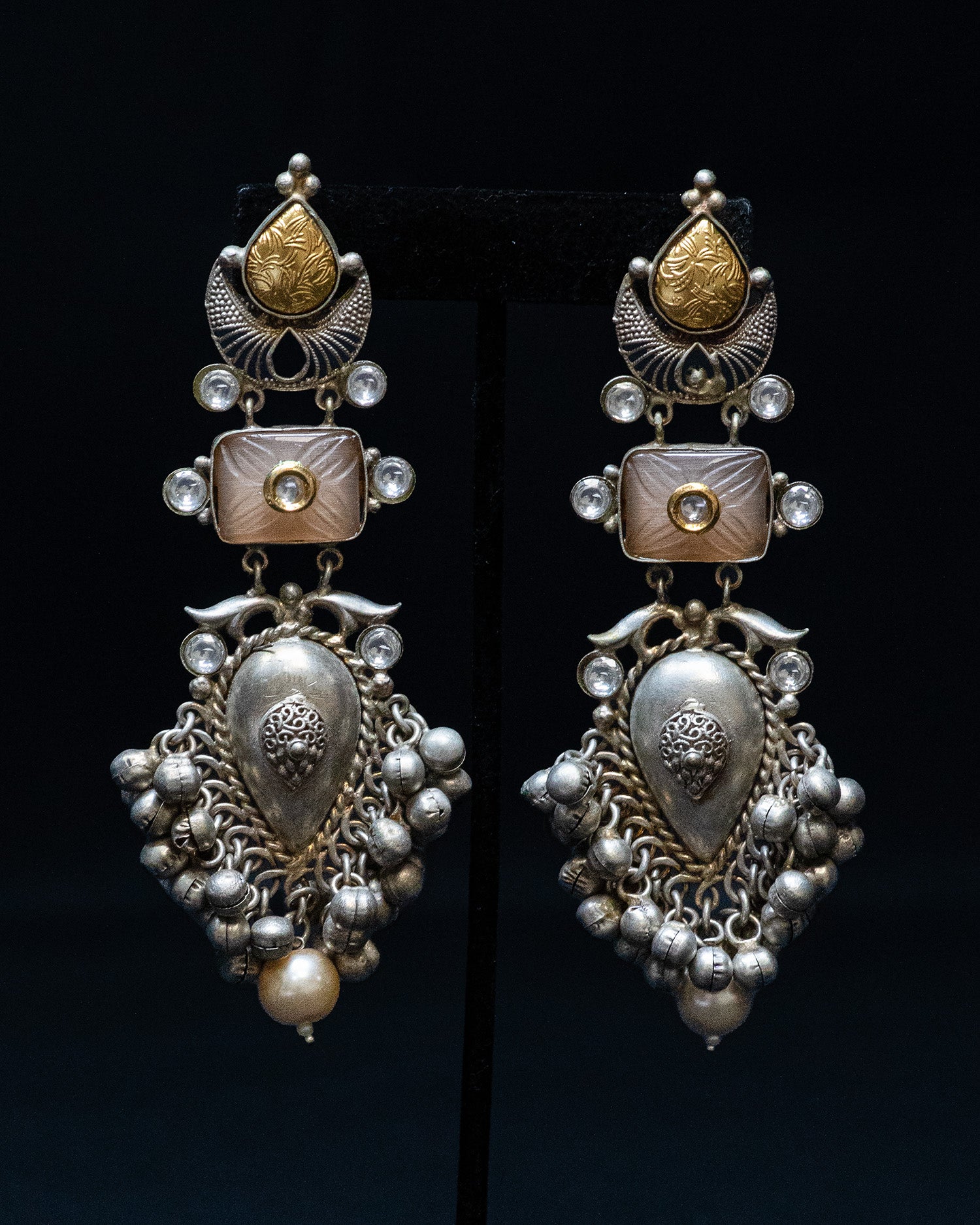 Antique Design Peach Stone Silver Look Alike Dangle Earrings
