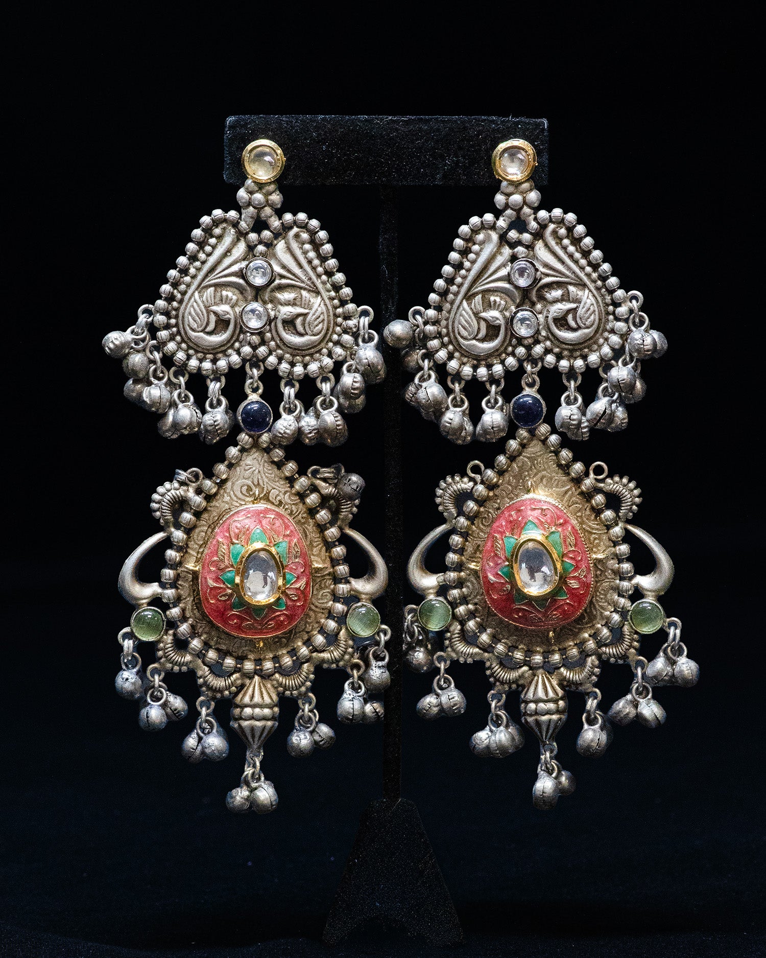 Peacock Design Pink Antique Drop Silver Look Alike Dangle Earrings