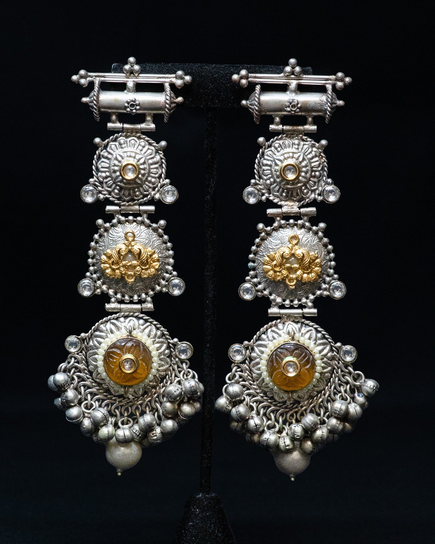 Two Peacock Design Yellow Stone Silver Look Alike Dangle Earrings