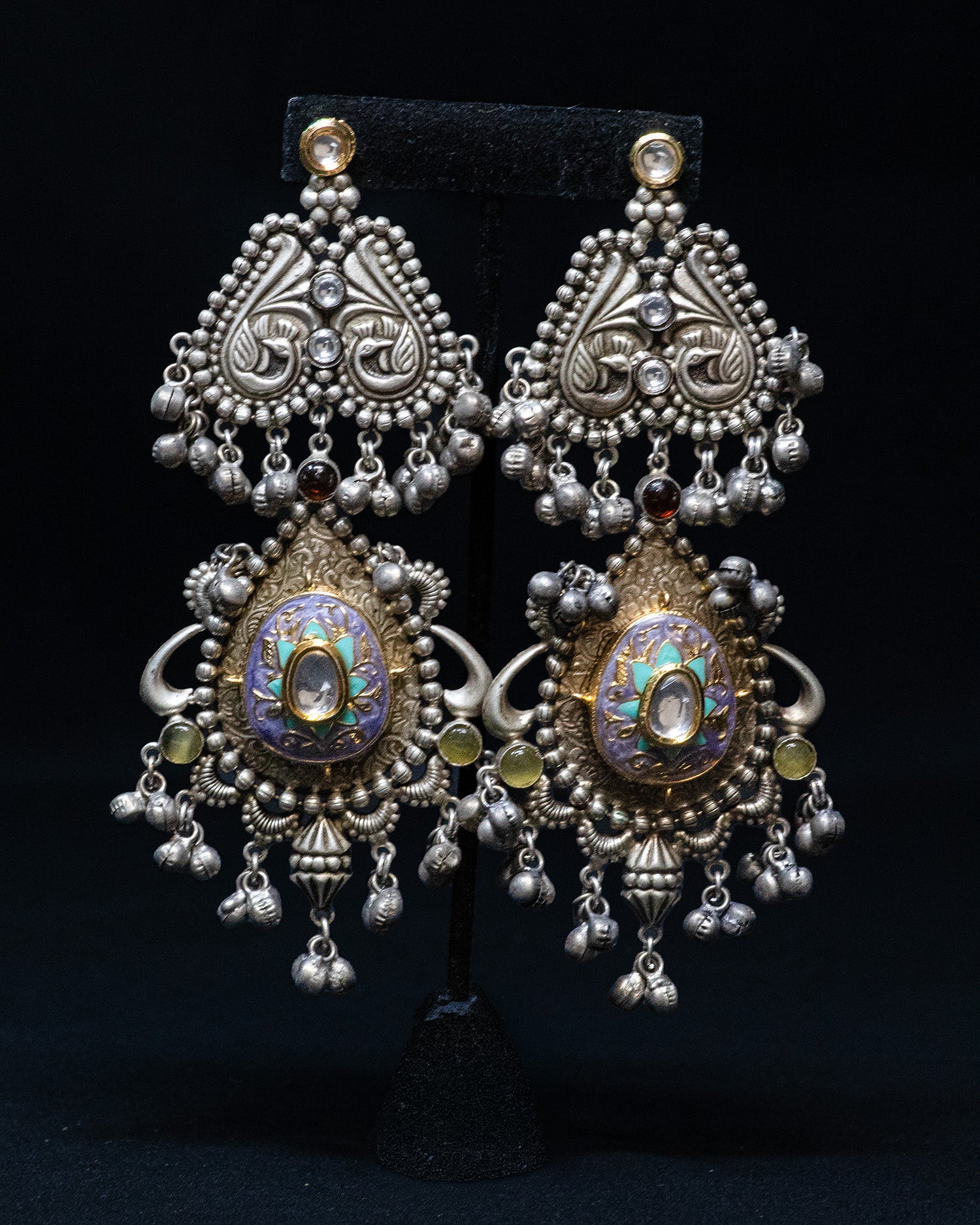 Peacock Design Purple Antique Drop Silver Look Alike Dangle Earrings