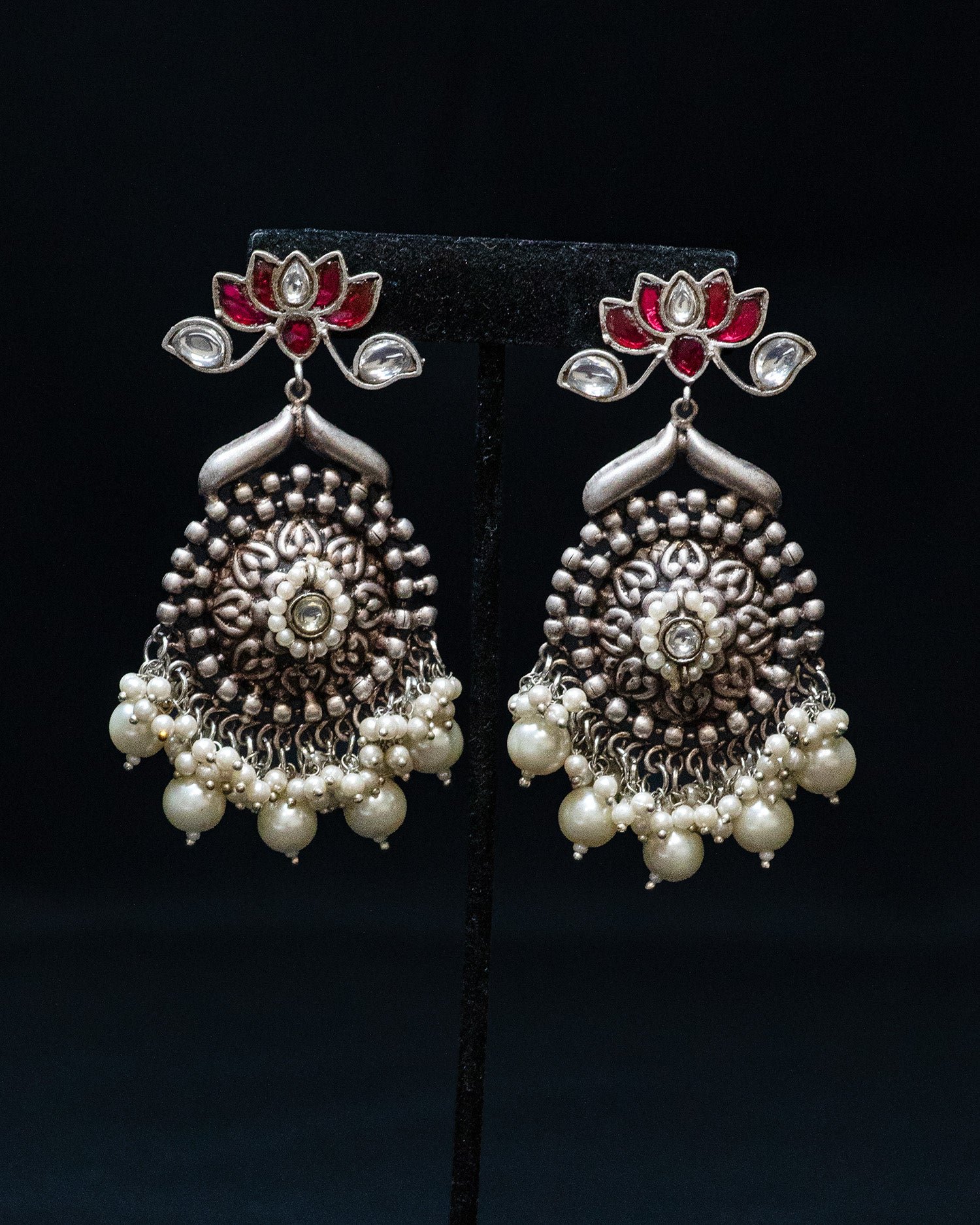 Pink Lotus White Beads Silver Look Alike Dangle Earrings