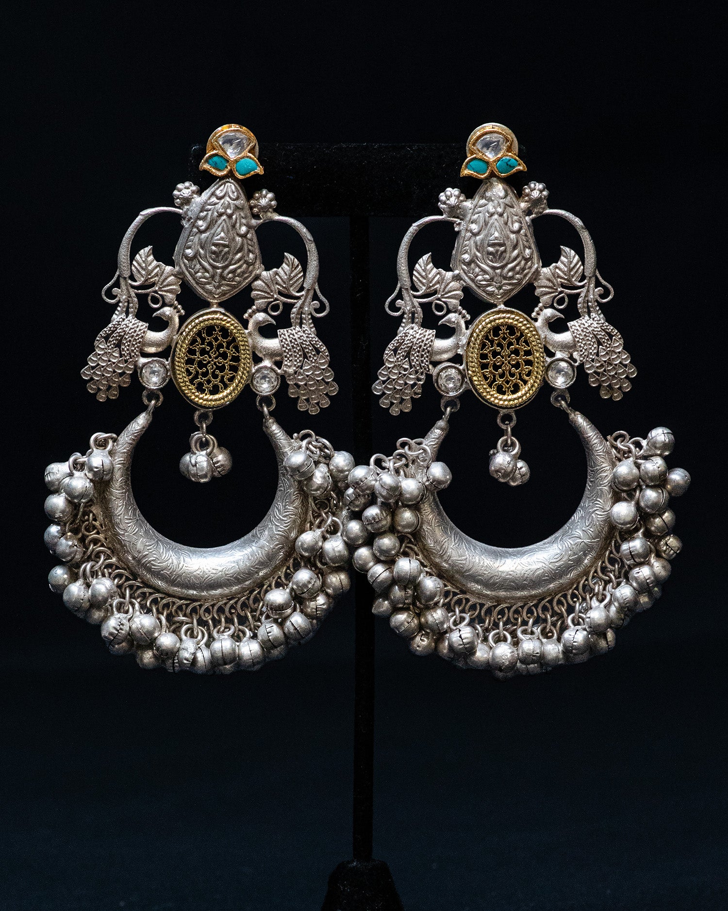 Dual Peacock Ghungroo Silver Look Alike Dangle Earrings