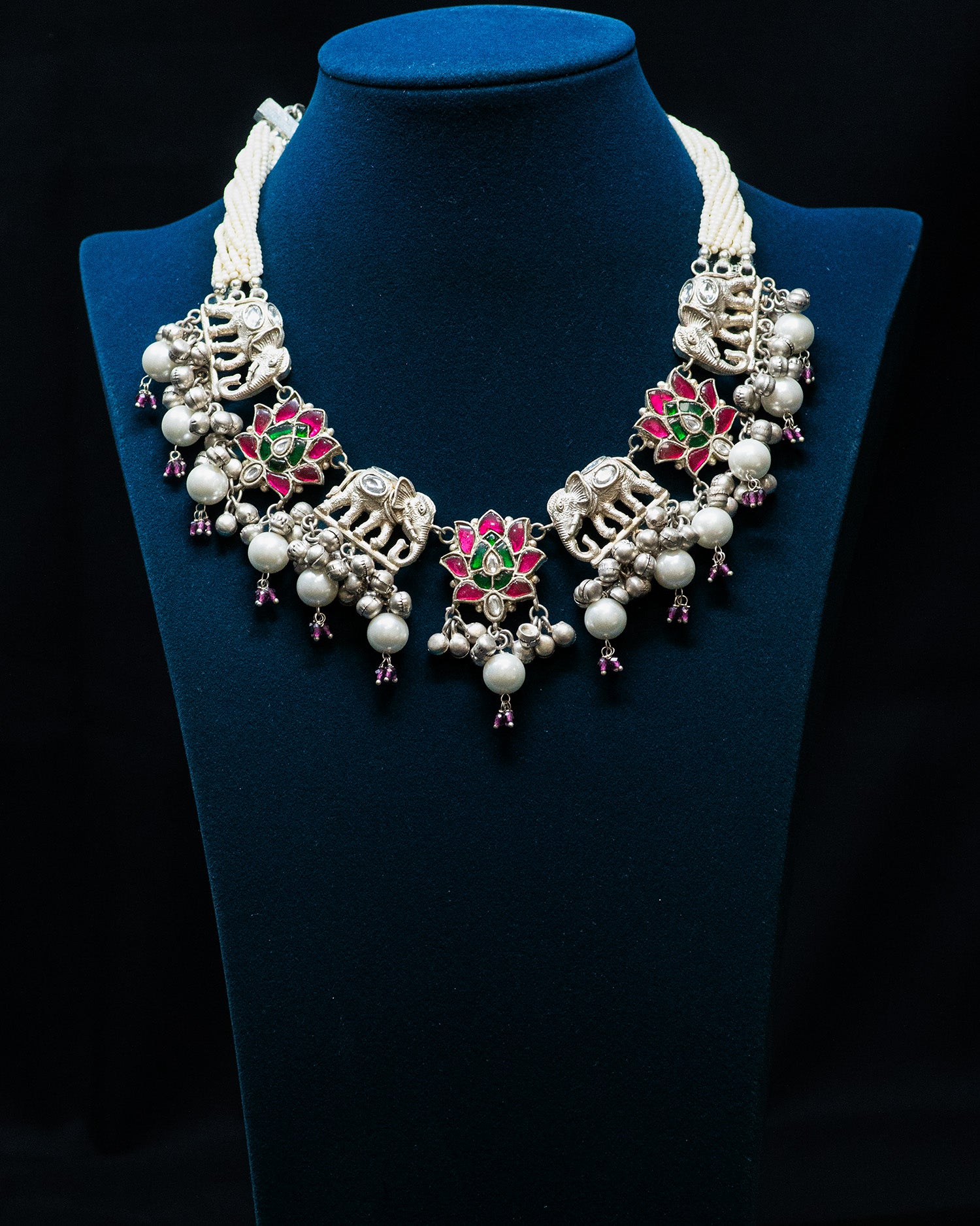 Pink Green Flora and Elephant Motif Silver Look Alike Necklace