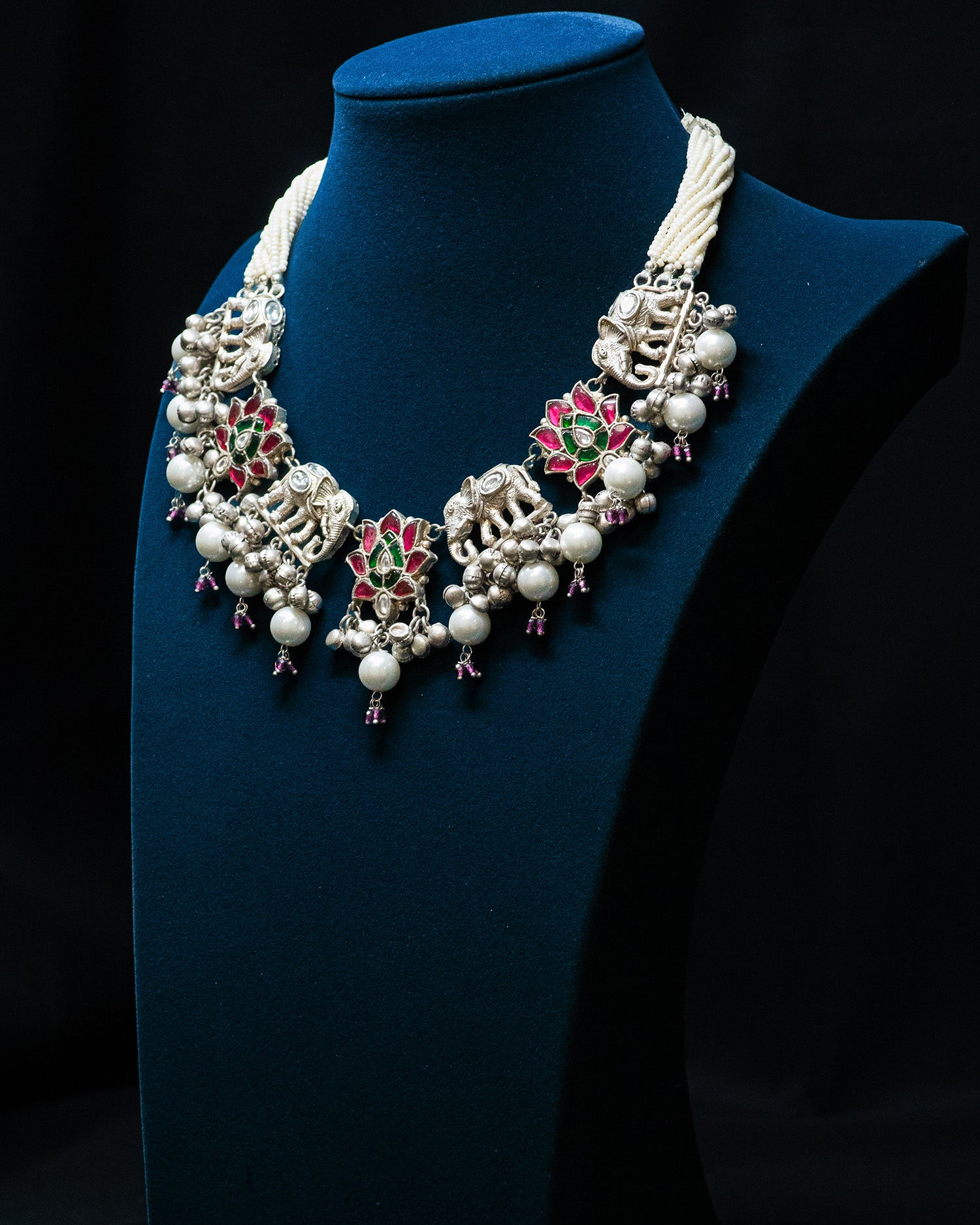 Pink Green Flora and Elephant Motif Silver Look Alike Necklace