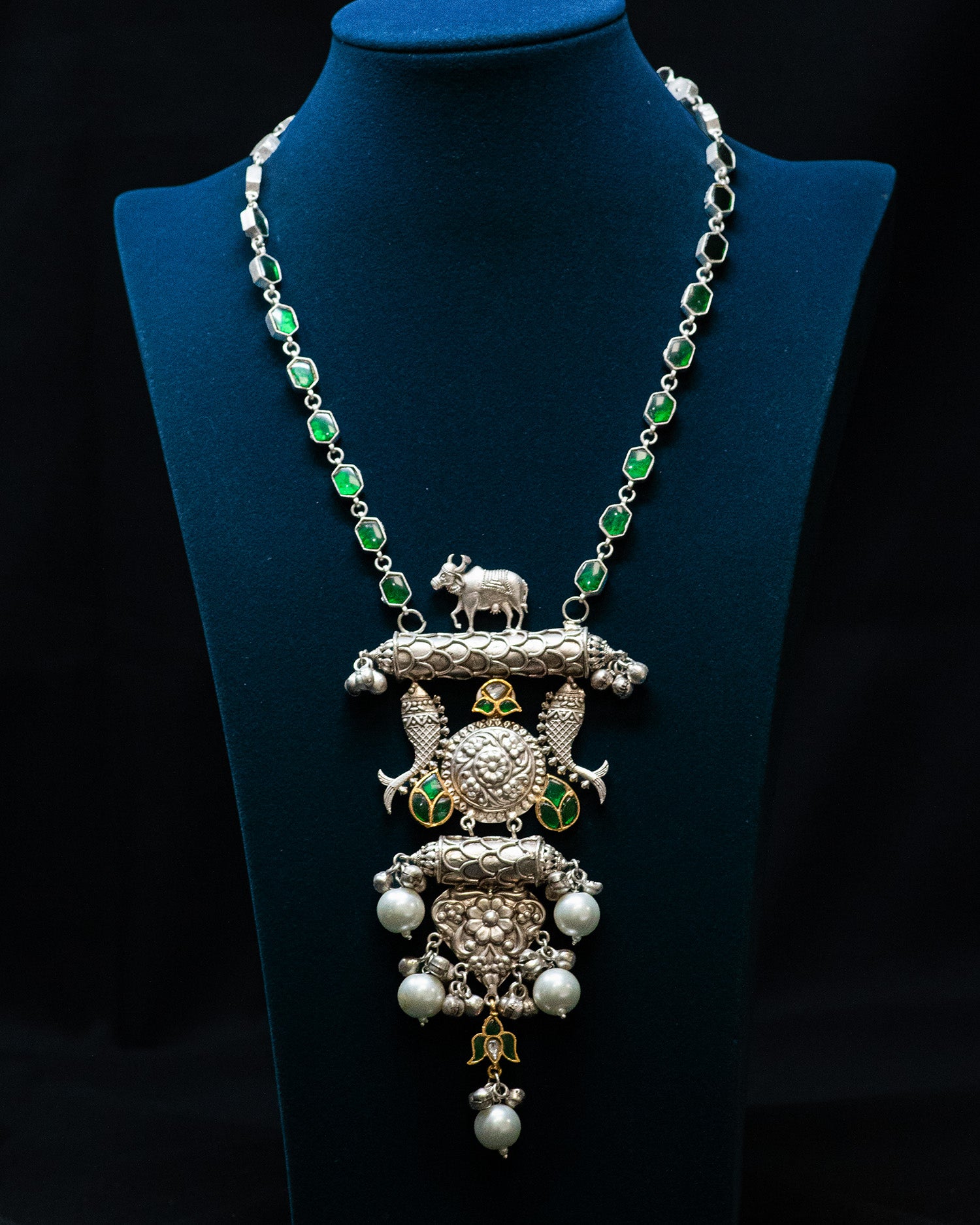 Bull Motif Green Stone Long Silver Look Alike Necklace Set
