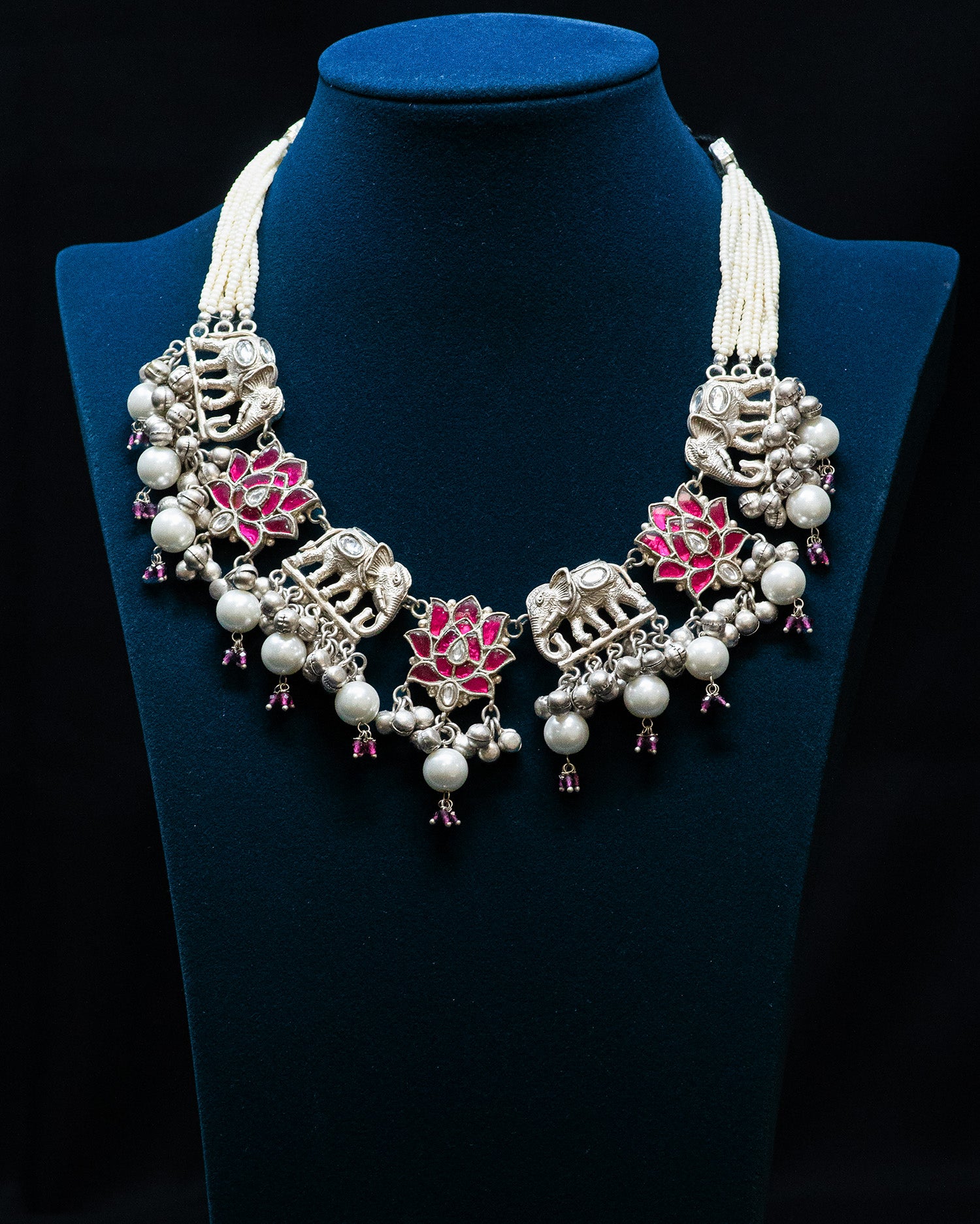 Pink Flora and Elephant Motif Silver Look Alike Necklace