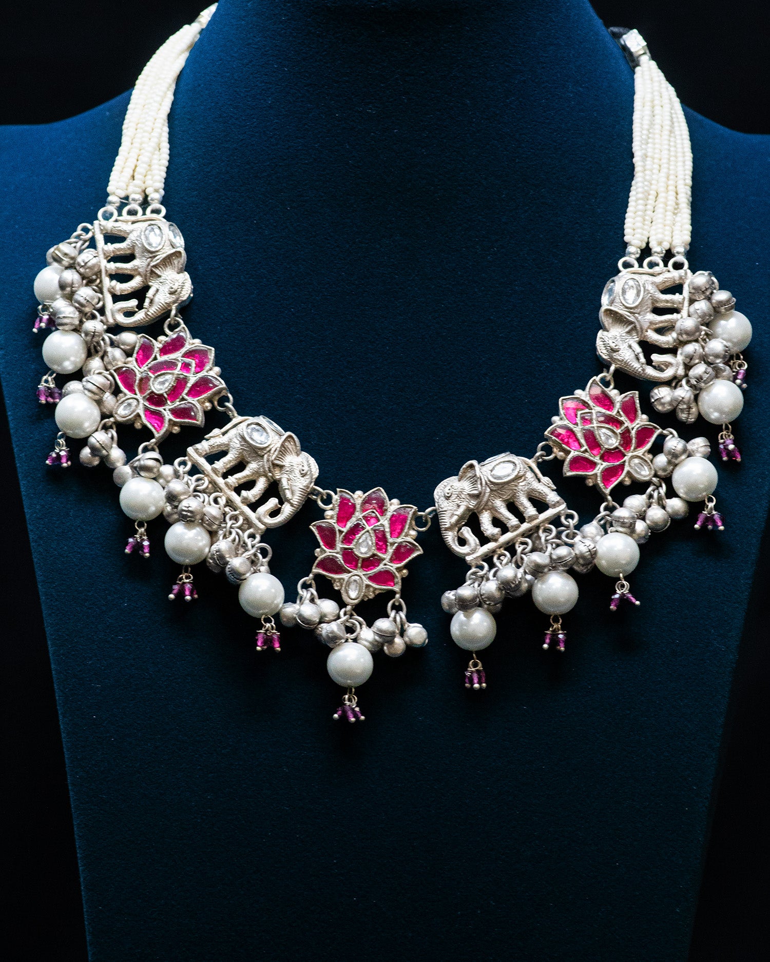 Pink Flora and Elephant Motif Silver Look Alike Necklace