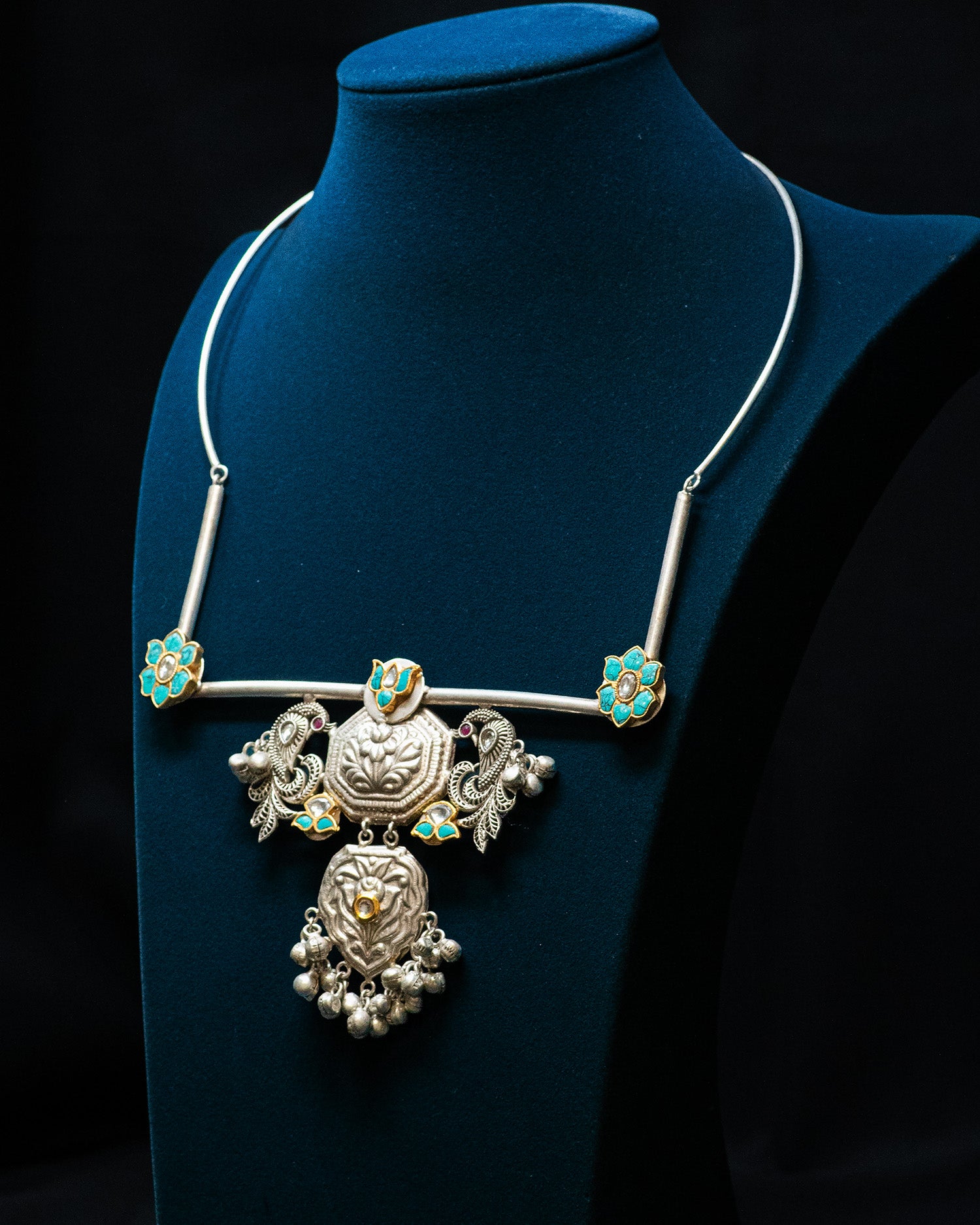 Turquoise Flora Dual Peacock Antique Silver Look Alike Necklace Set