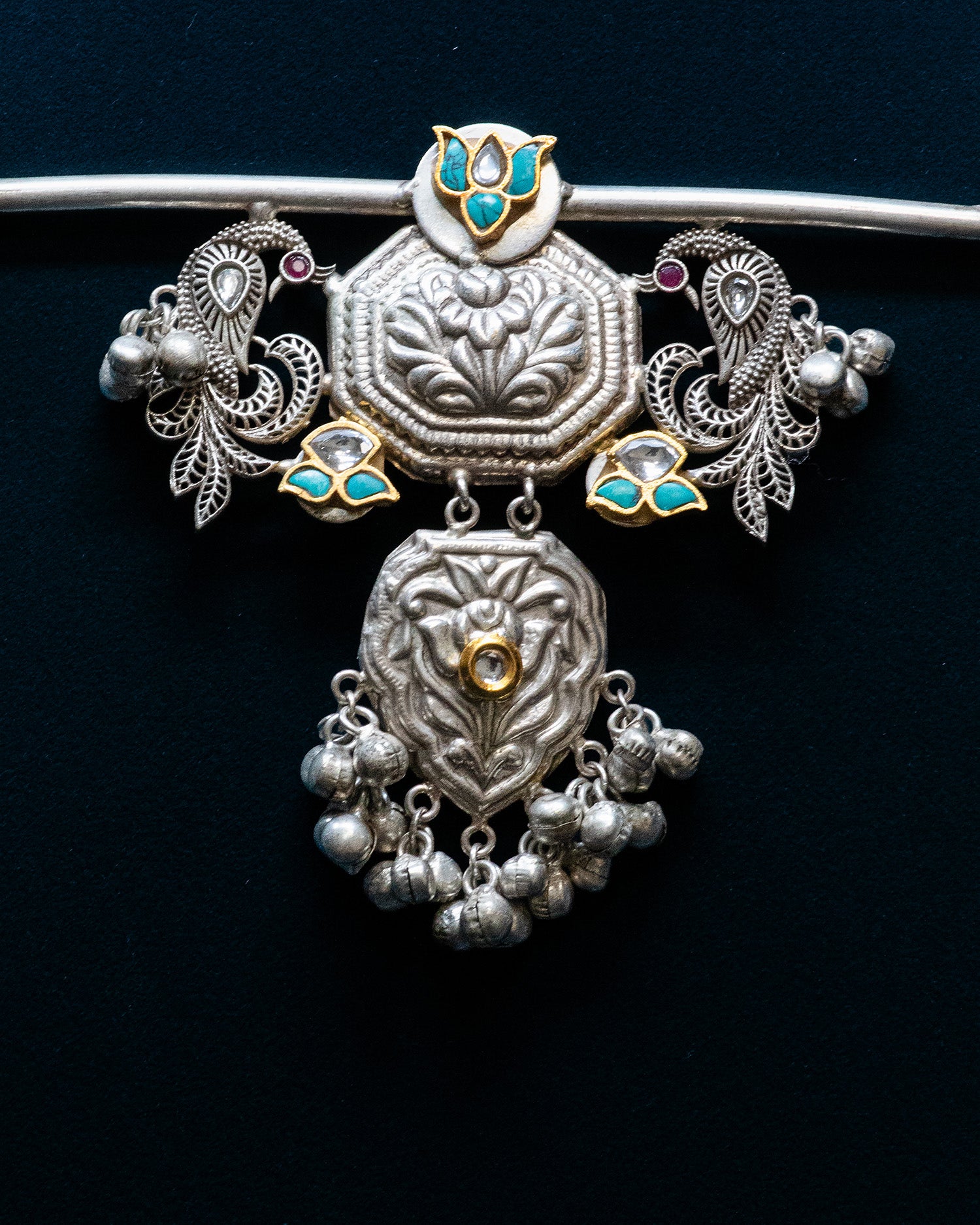 Turquoise Flora Dual Peacock Antique Silver Look Alike Necklace Set