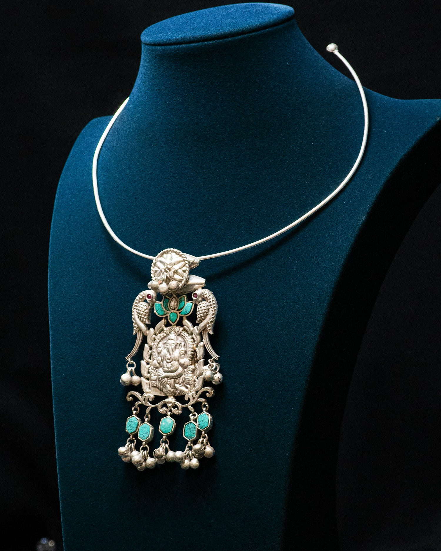 Turquoise Stone Peacock Ganesha Silver Look Alike Pendant Set
